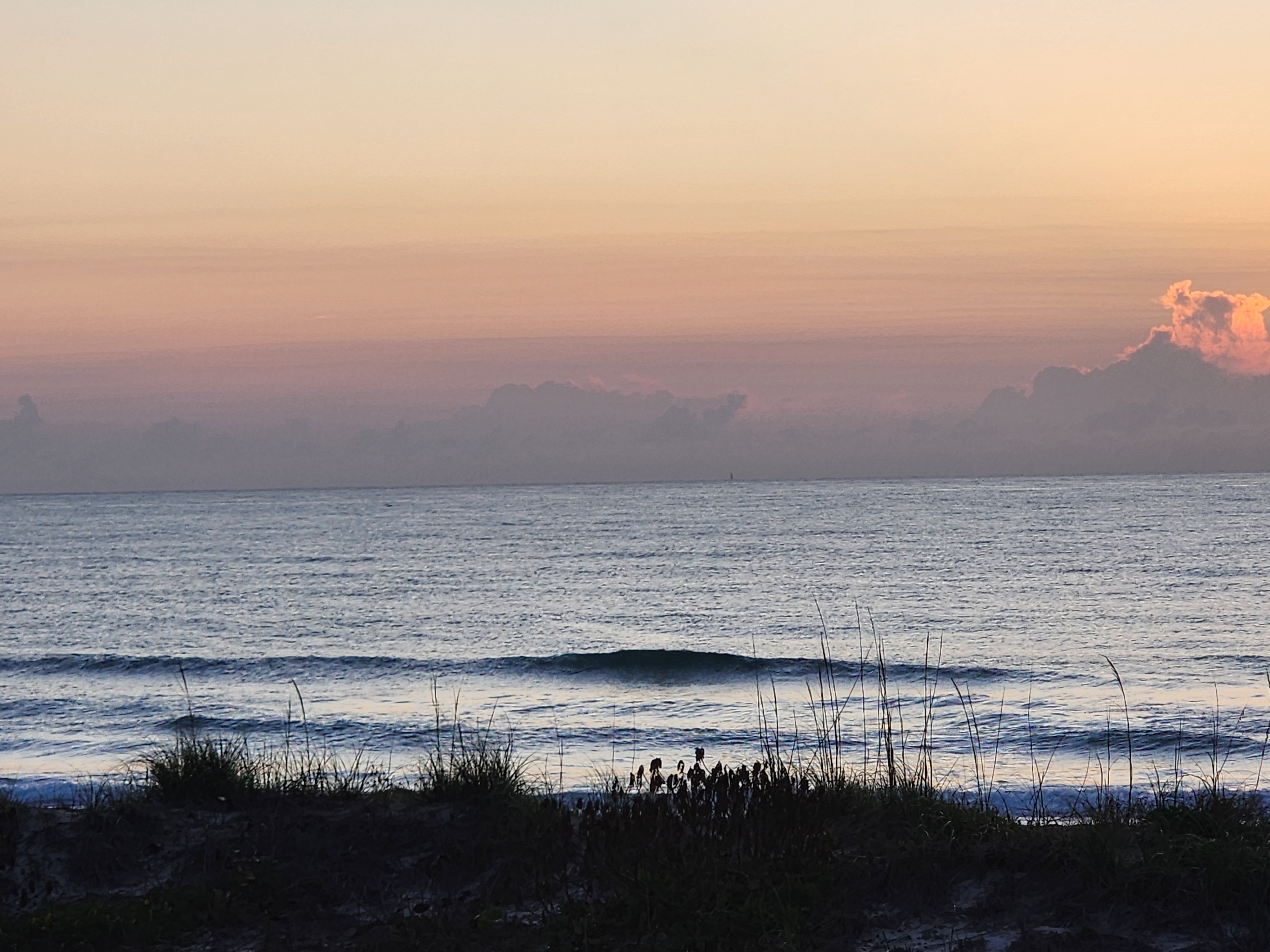 1 foot waves barely breaking through sea oats at Picnic Tables South Cocoa Beach