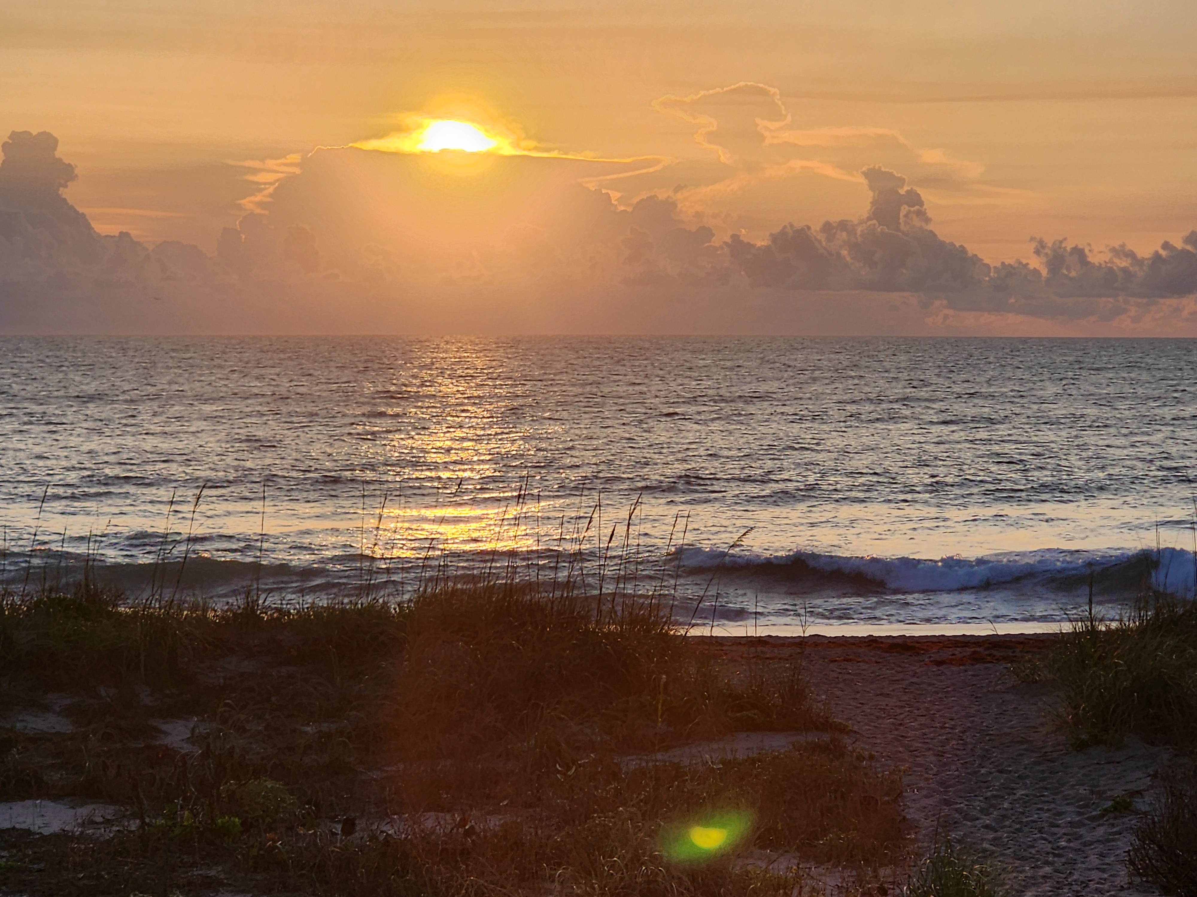 Flat calm ocean with 1 foot wave at shoreline viewed through sea oats Picnic Tables South Cocoa Beach
