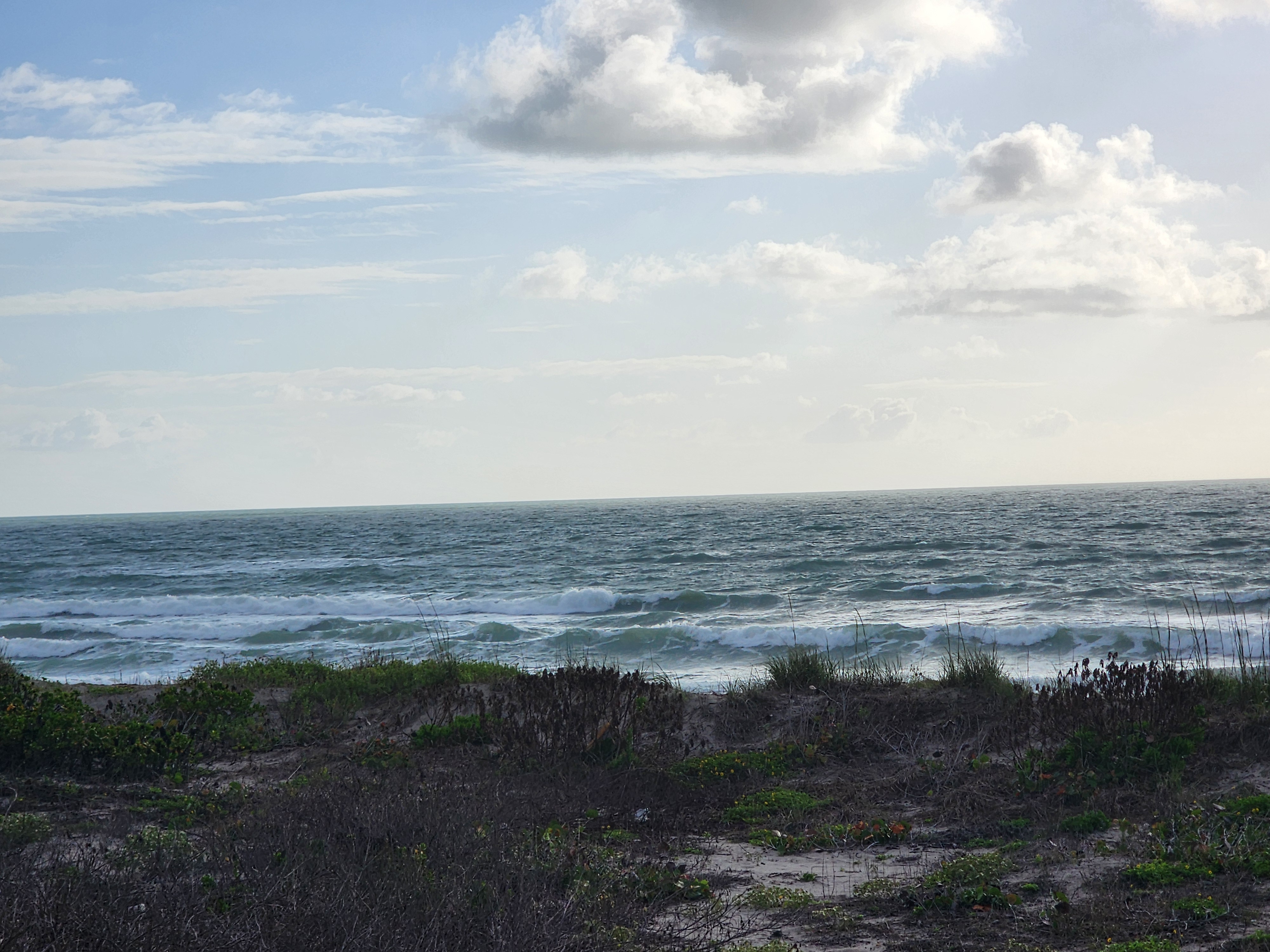 Small waves with onshore bump breaking through sea oats at 31st Street Cocoa Beach morning