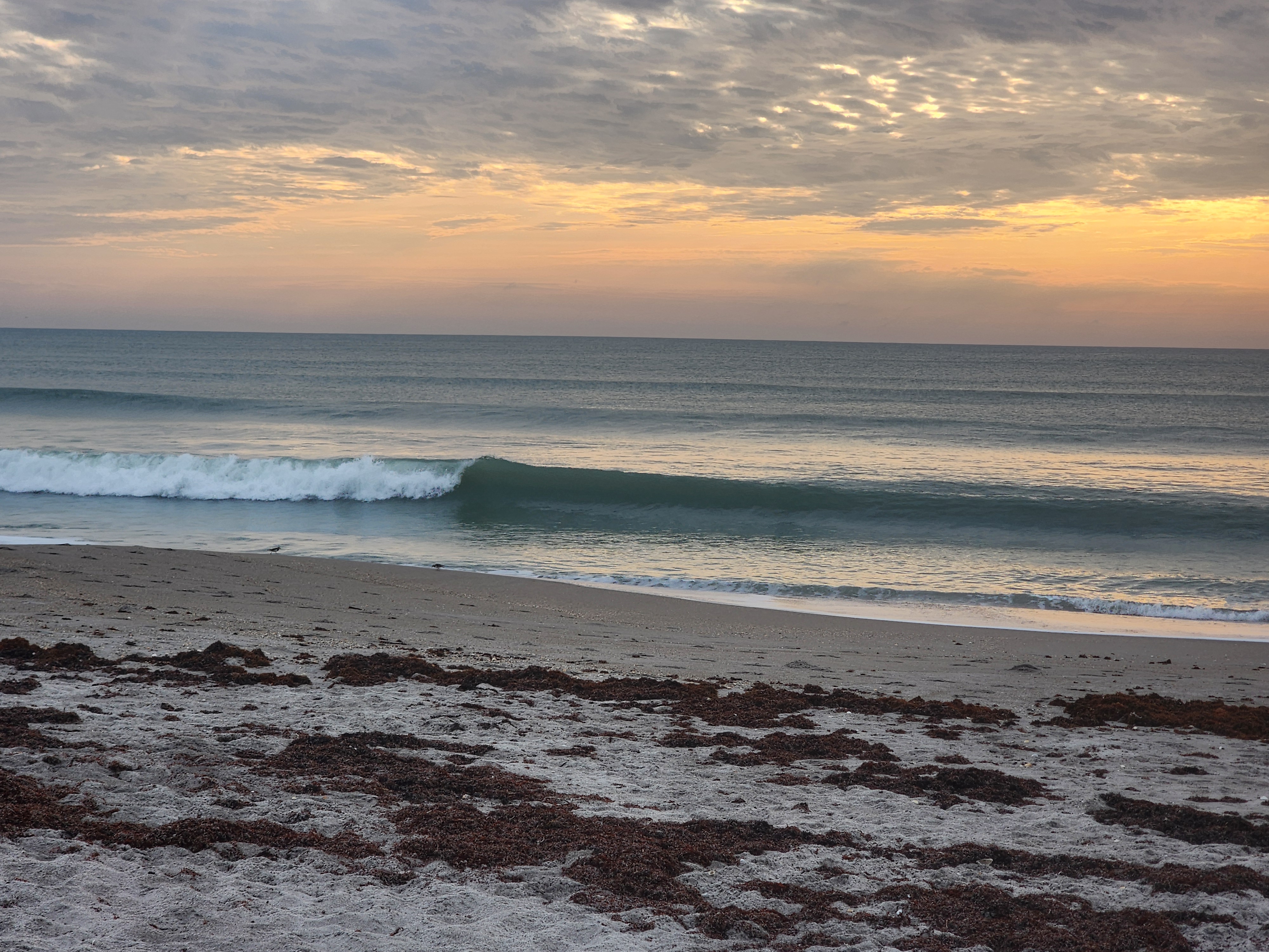 Clean 2 foot surf with offshore spray and sun reflecting off glassy water at Picnic Tables South Cocoa Beach