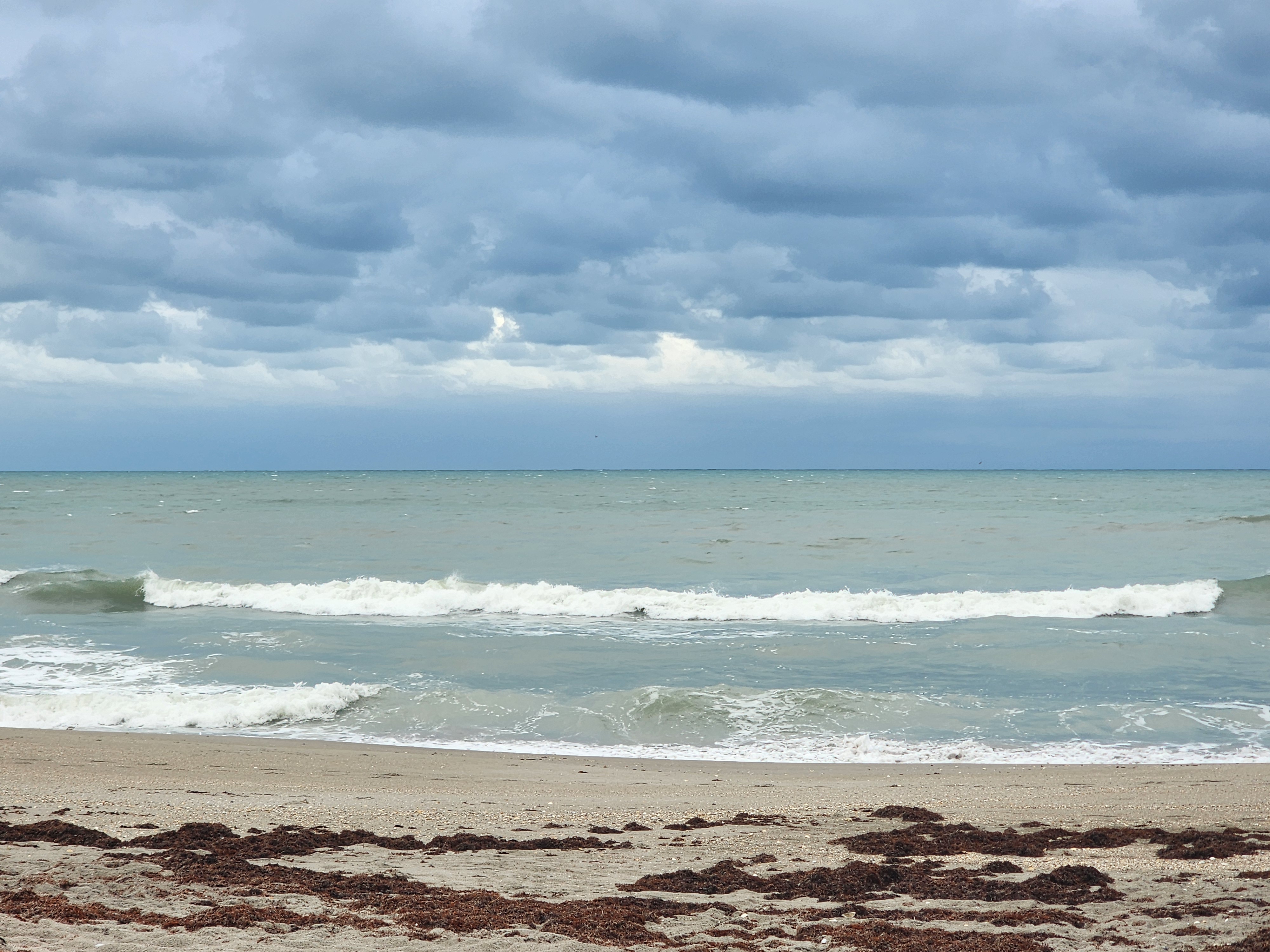 Dune vegetation and sea oats framing tiny nearly flat surf at Picnic Tables South Cocoa Beach May 3 2026