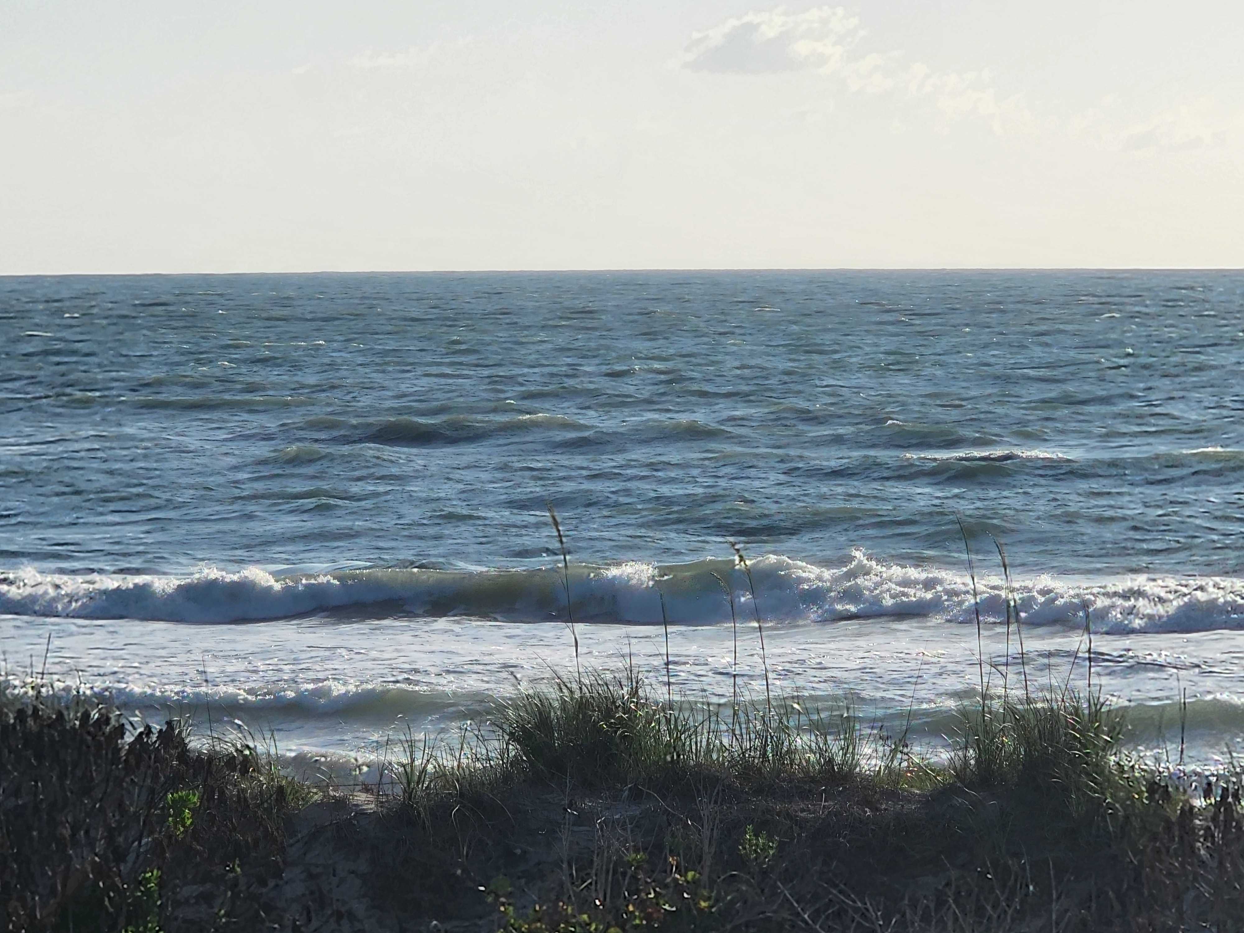 2-3 foot bumpy waves breaking nearshore through the sea oats at Picnic Tables South Cocoa Beach