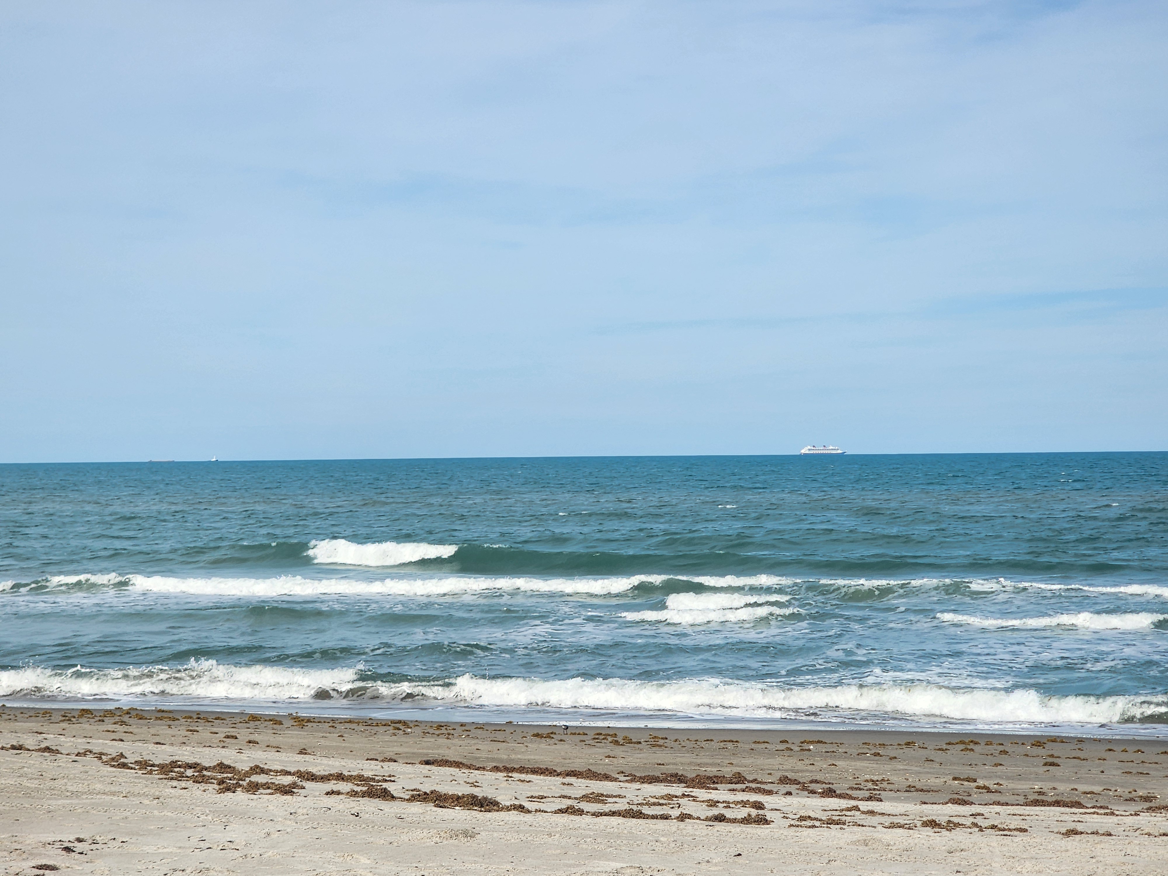 Aquamarine 1-2 foot surf with cruise ship on the horizon at Picnic Tables Cocoa Beach sargassum on shore