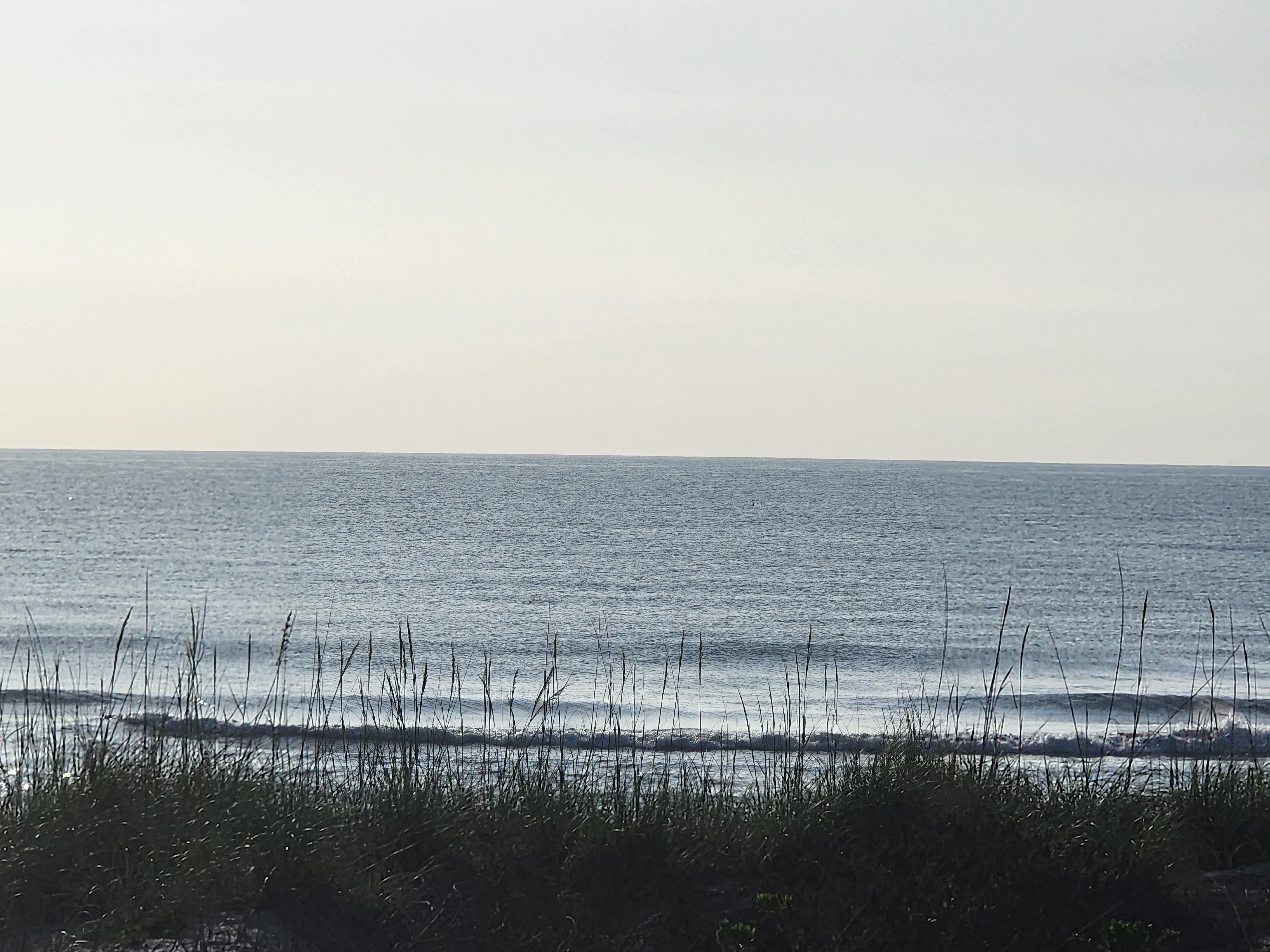 Nearly flat 1 foot surf with glassy conditions and a small wave breaking through sea oats under hazy morning sky at Picnic Tables South Cocoa Beach