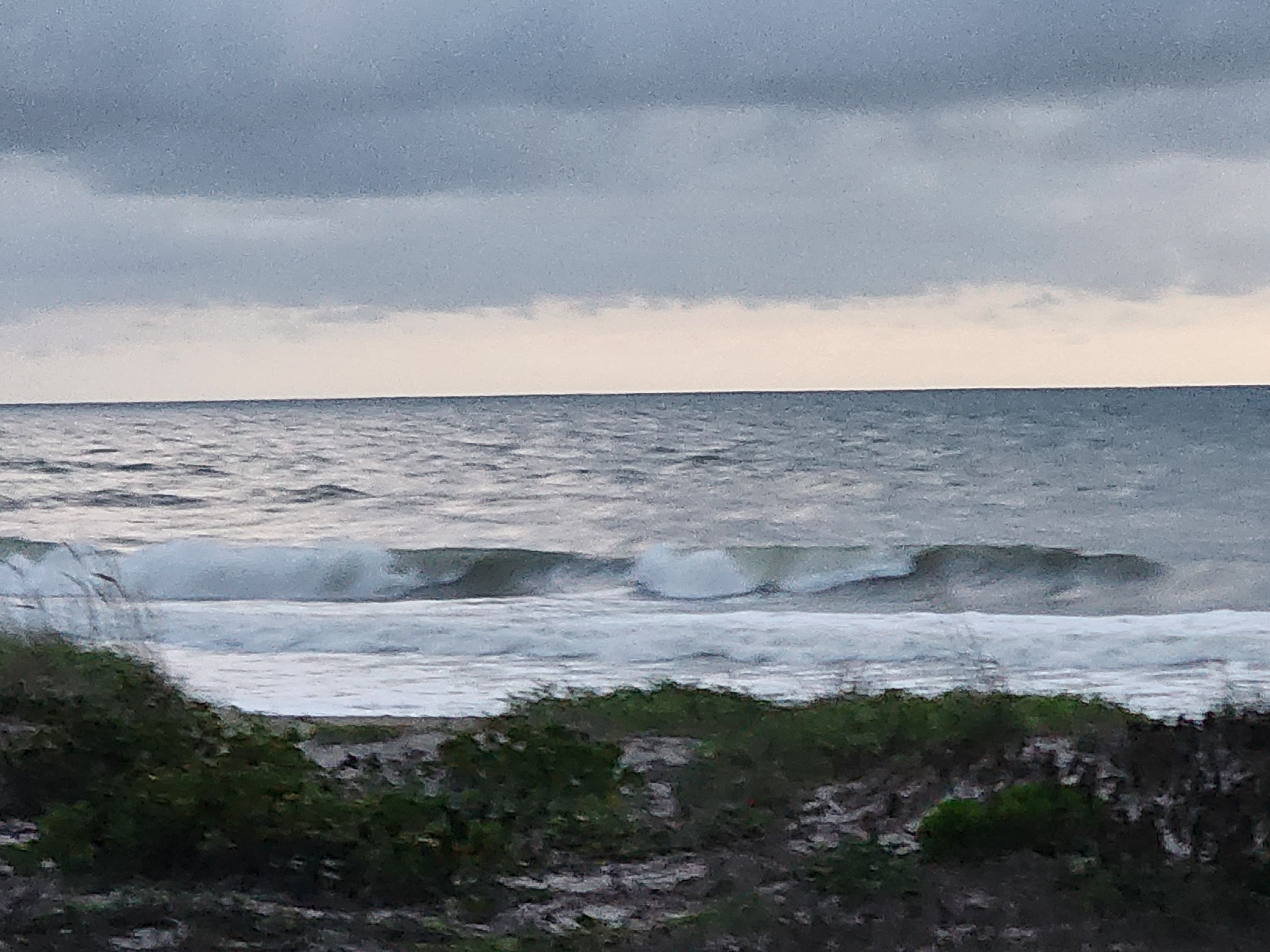 3-4 foot bumpy ESE windswell breaking with whitewater and foam through dune vegetation at Picnic Tables South Cocoa Beach