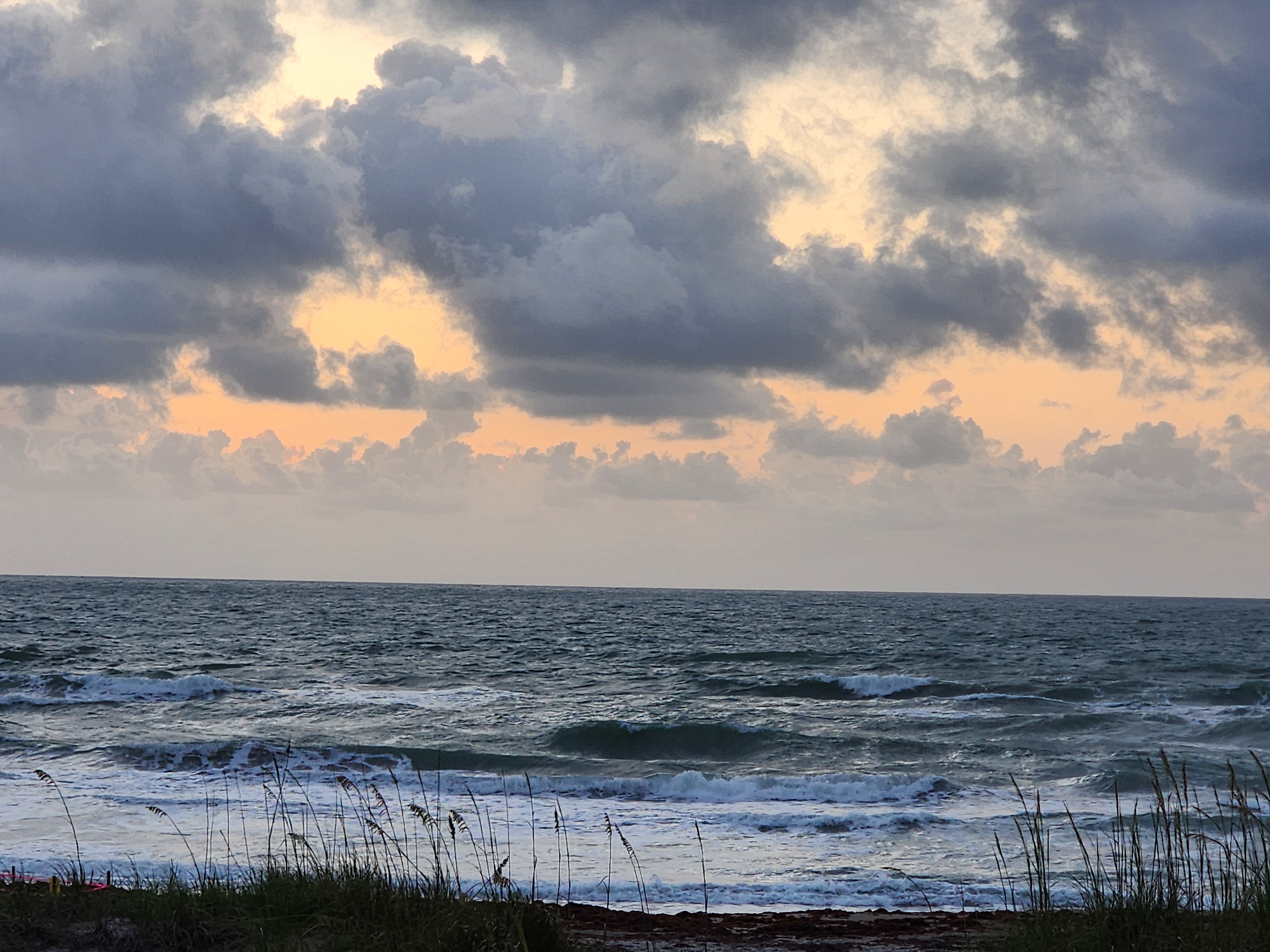 Choppy 2-4 foot wind swell breaking under dramatic grey and orange sunrise clouds with sargassum on the shoreline viewed through sea oats at Picnic Tables South Cocoa Beach Tuesday May 19 2026