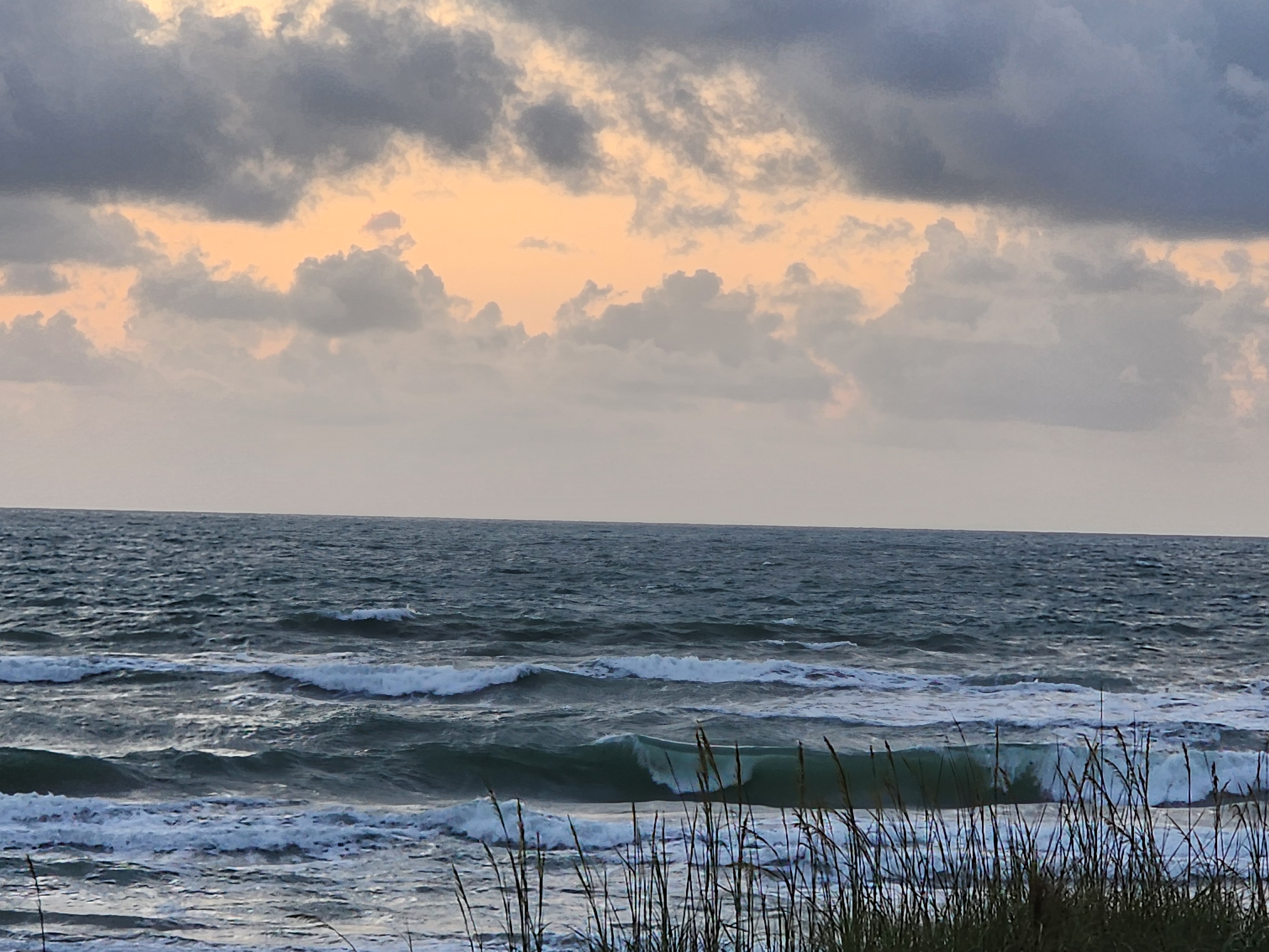 Green-faced choppy wave breaking nearshore with wind texture and moody sunrise clouds through sea oats at Picnic Tables South Cocoa Beach 15 knot winds