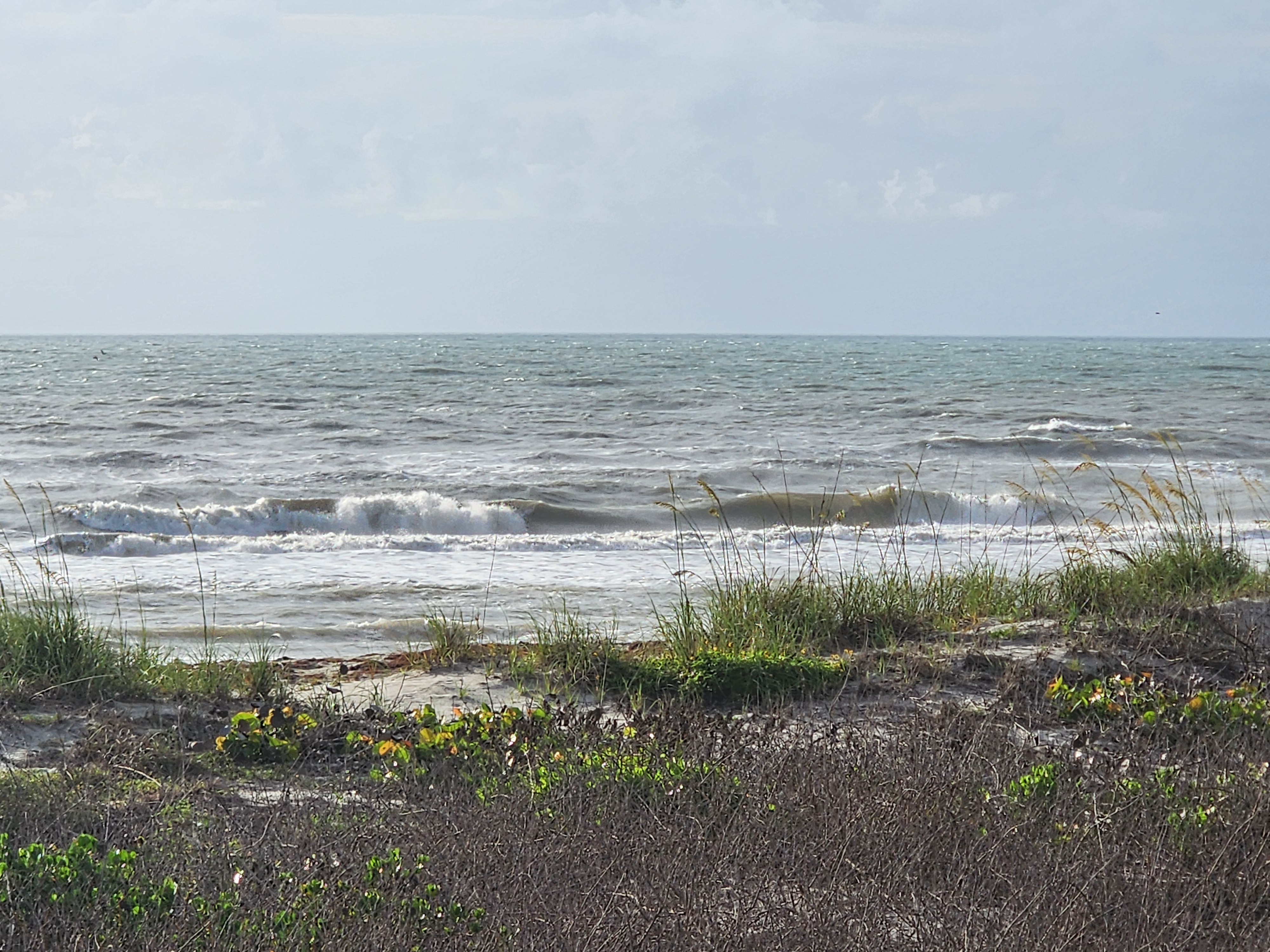 Short period swell with SE onshore chop and sea oats framing the surf at South Cocoa Beach