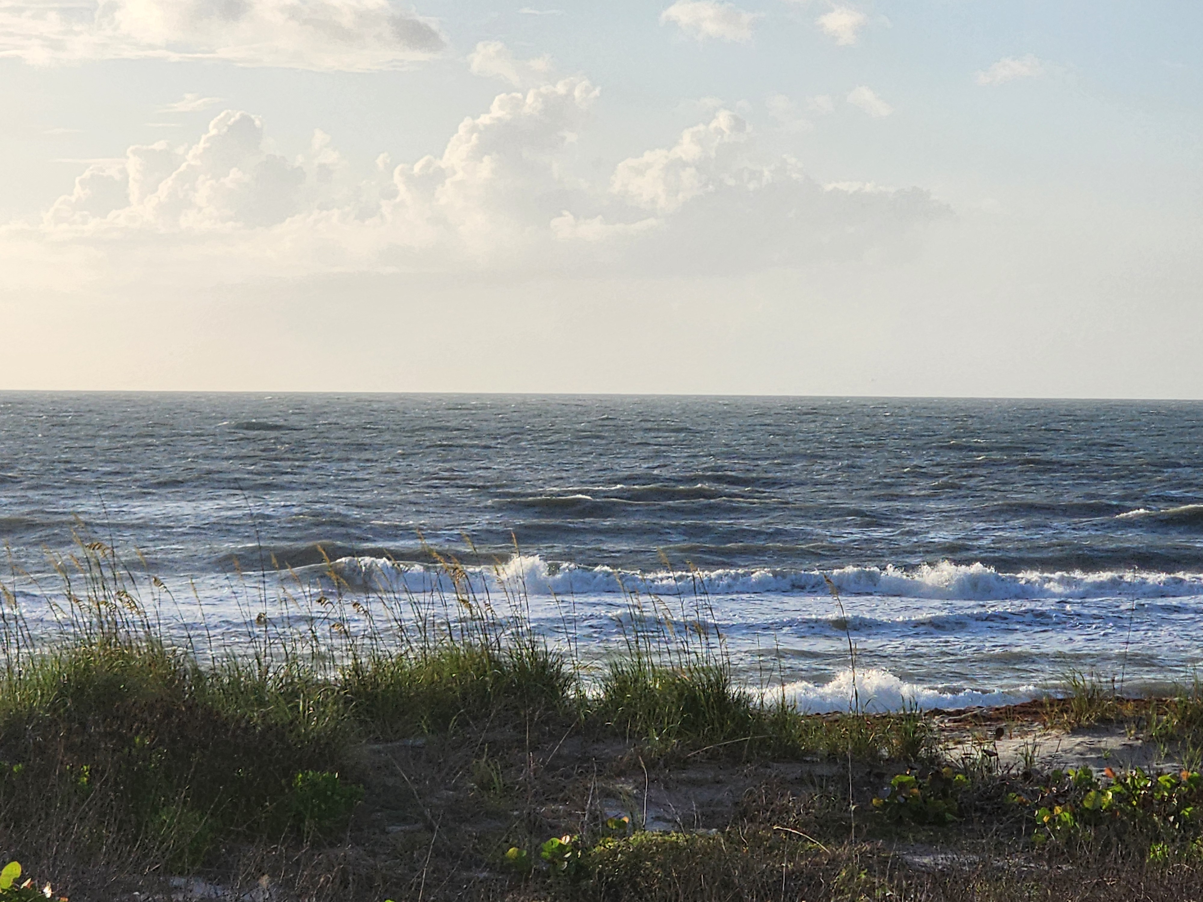 Whitecap-covered 2-4 foot surf with blue water and green dune grass at Picnic Tables Cocoa Beach Memorial Day