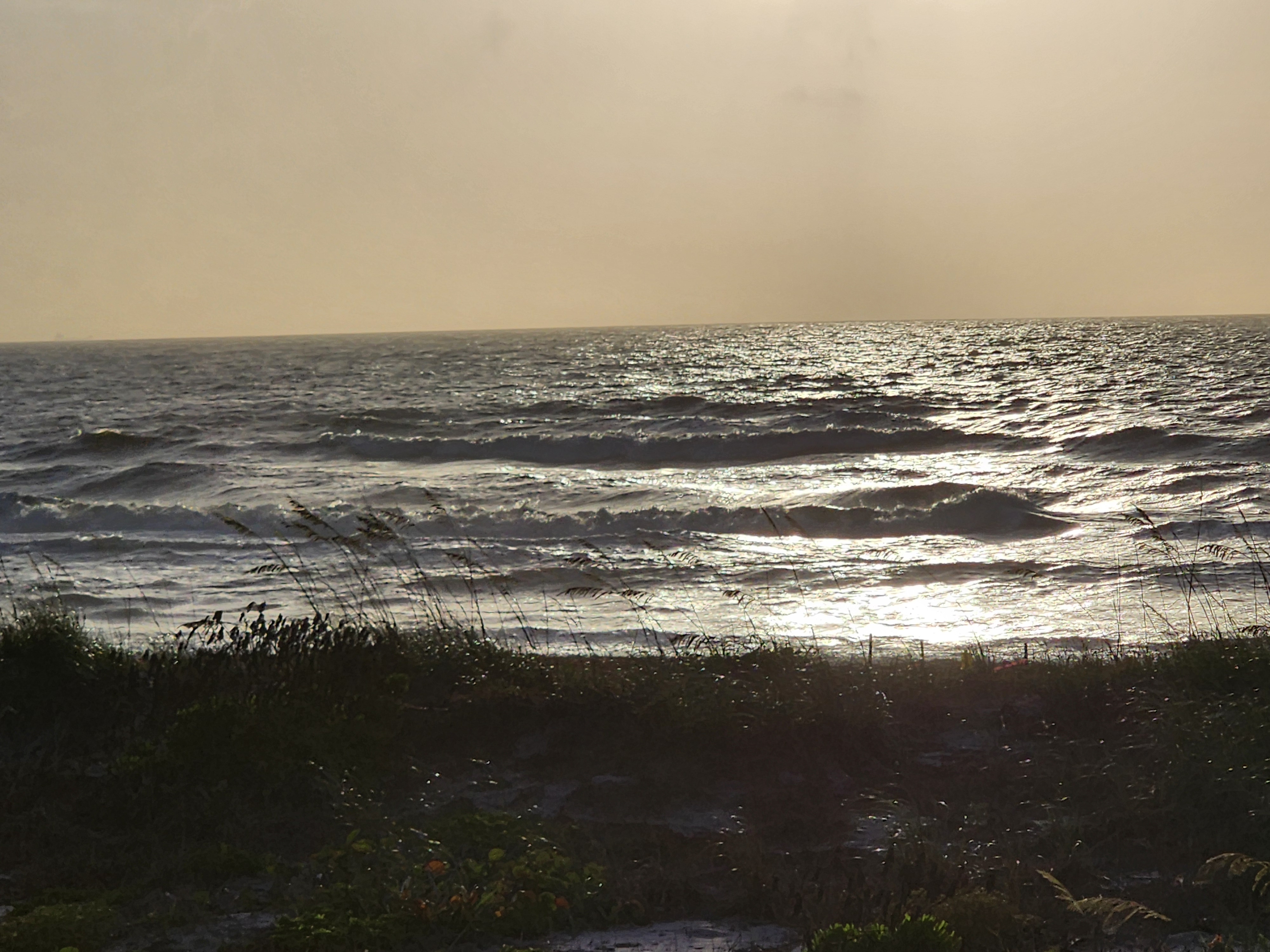 Backlit choppy waves with sun glare and silhouetted dune grass at South Cocoa Beach poor conditions