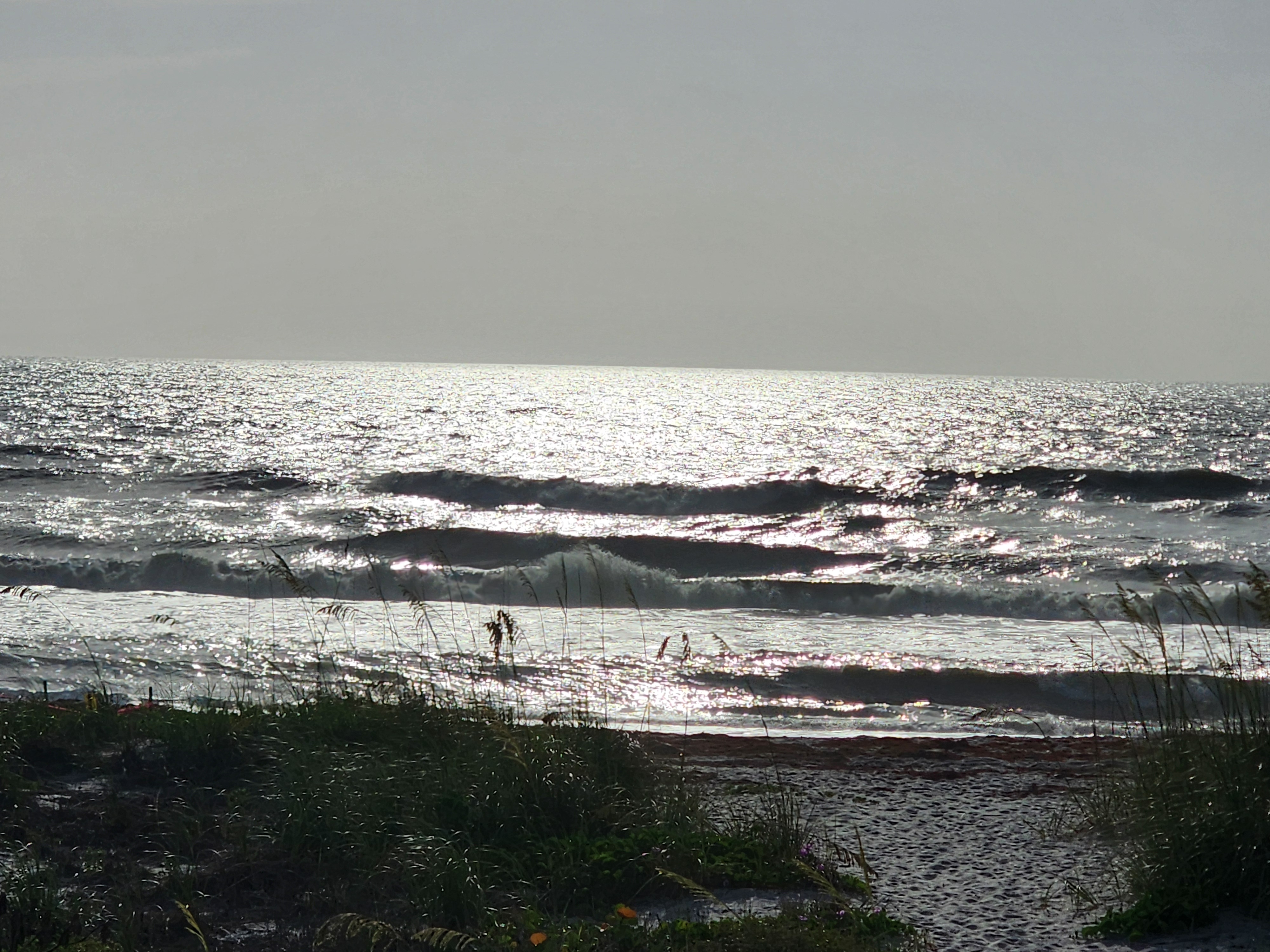 Backlit silver sun glare over churned up 2-3 foot surf with sargassum on beach at Picnic Tables Cocoa Beach