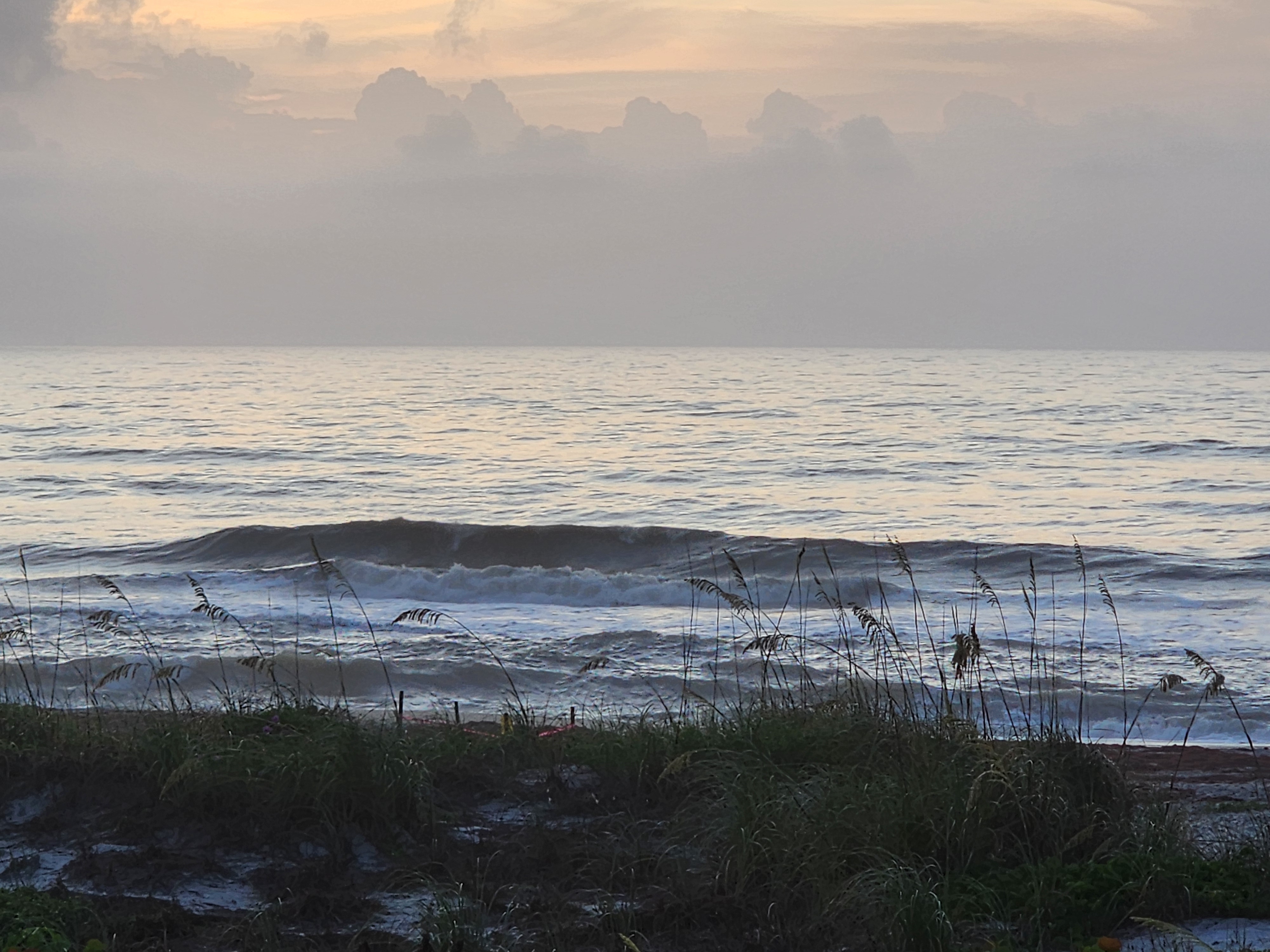 Best wave of the set breaking clean with pink sunrise glow through clouds and sea oats at Picnic Tables Cocoa Beach