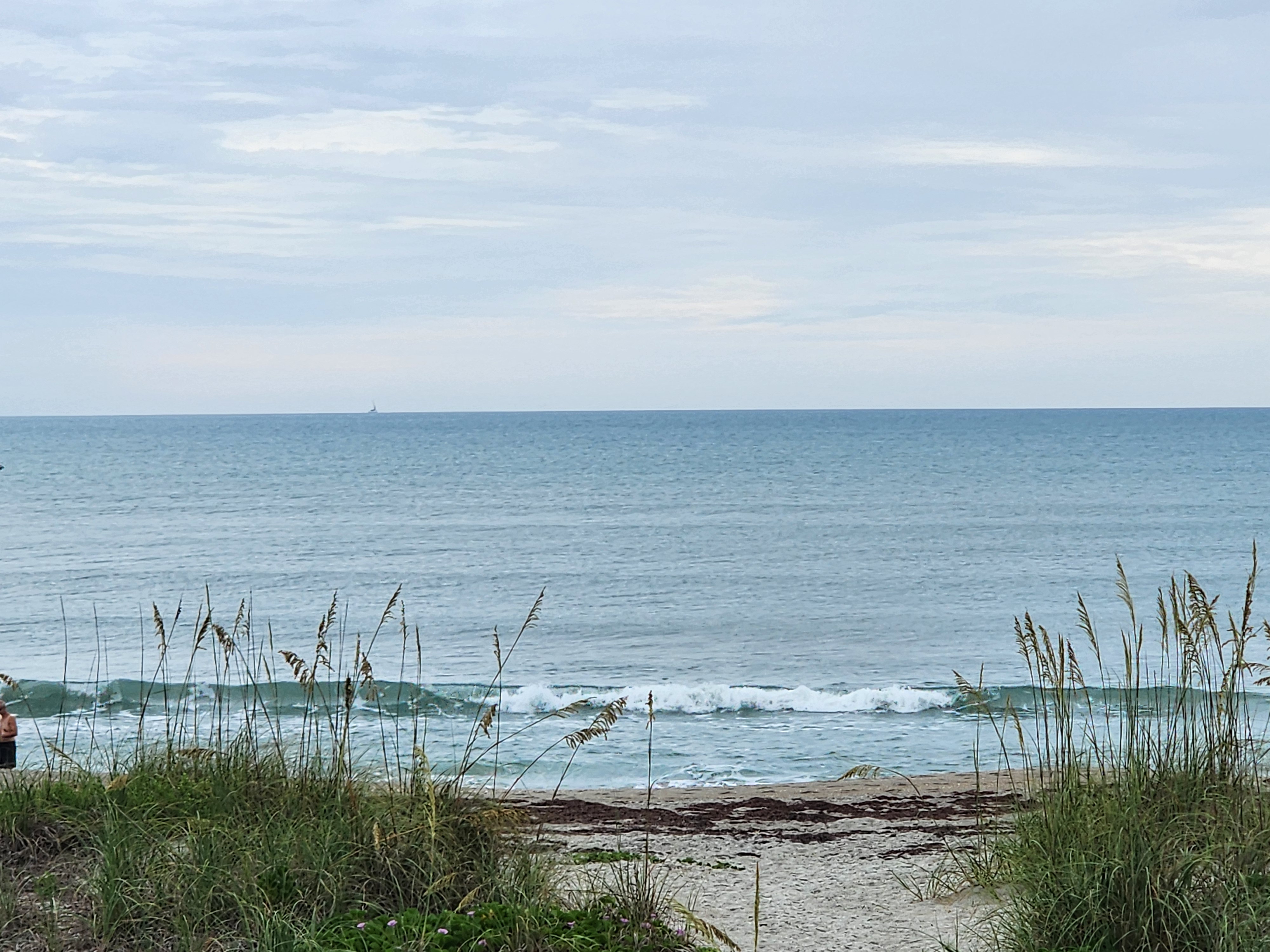 Tiny clean wave breaking with sailboat on horizon and sea oats framing the view at Cocoa Beach best surf spot