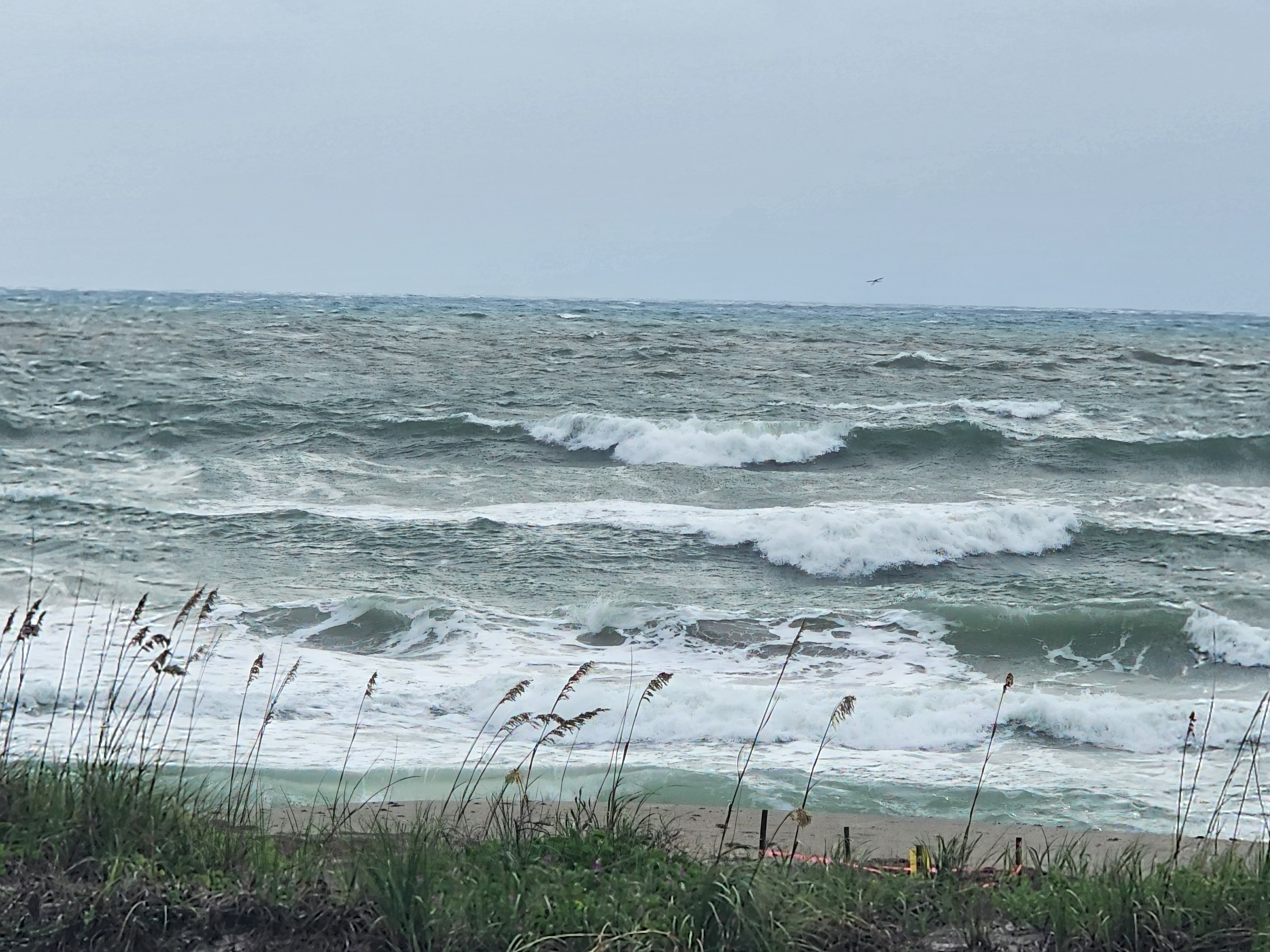 Angry green ocean with stacked rows of wind-blown whitecap waves and sea oats at Picnic Tables Cocoa Beach