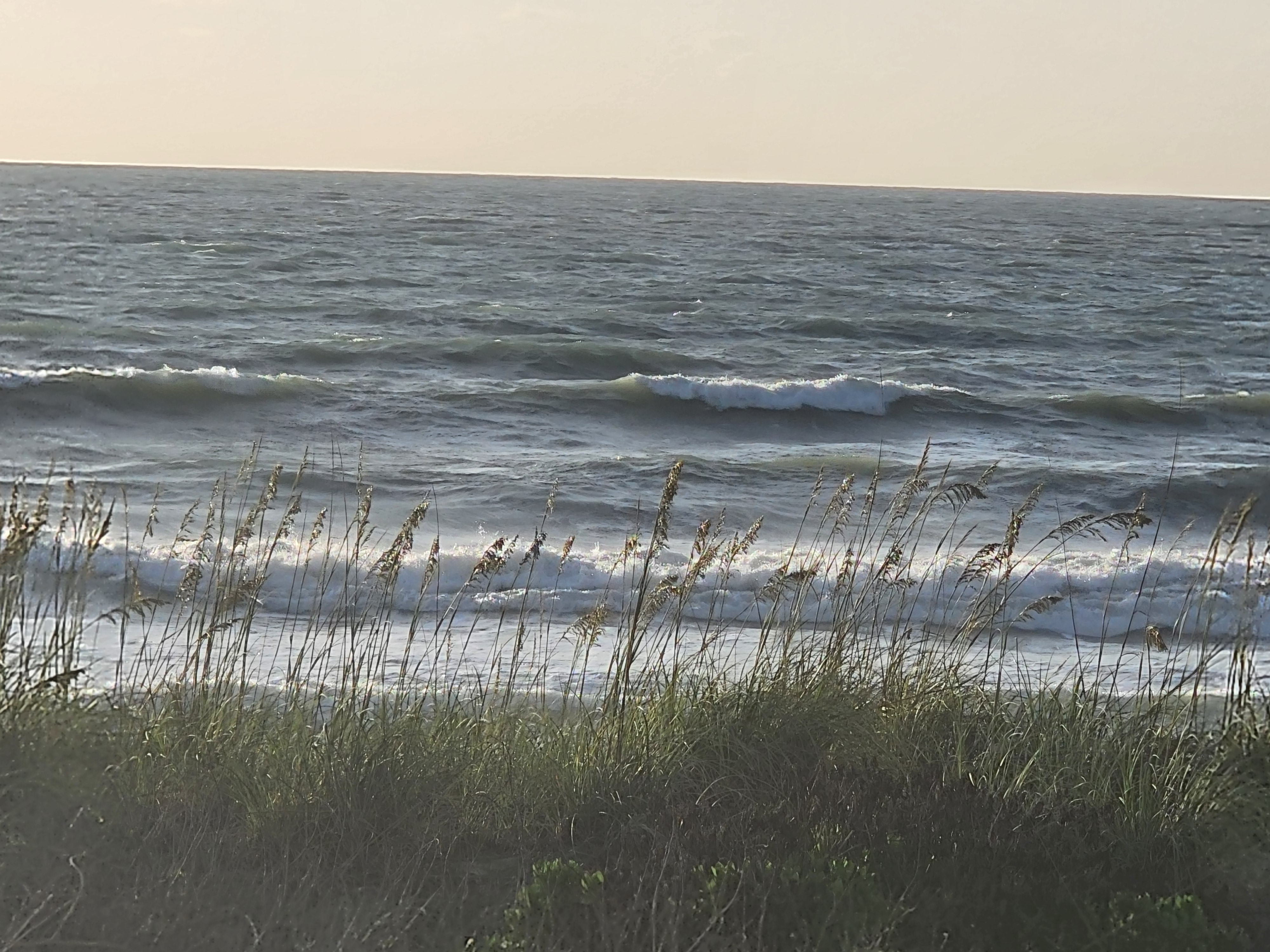 Disorganized wind swell stacking with sun glare and sea oats bending in ENE wind at Picnic Tables Cocoa Beach