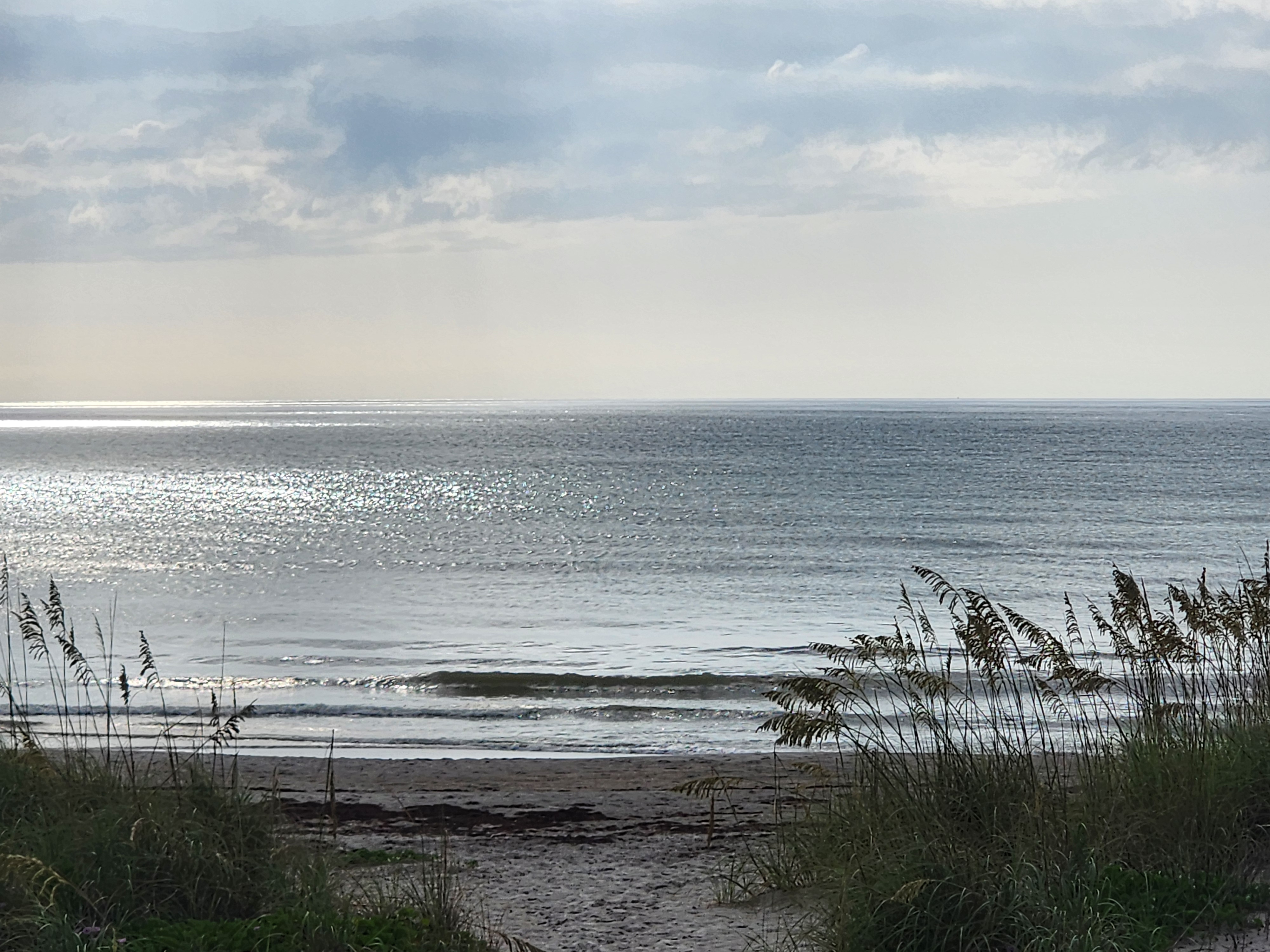 Morning sun glittering across the water with sea oats framing the right side and a small wave breaking nearshore beyond the sandy beach path
