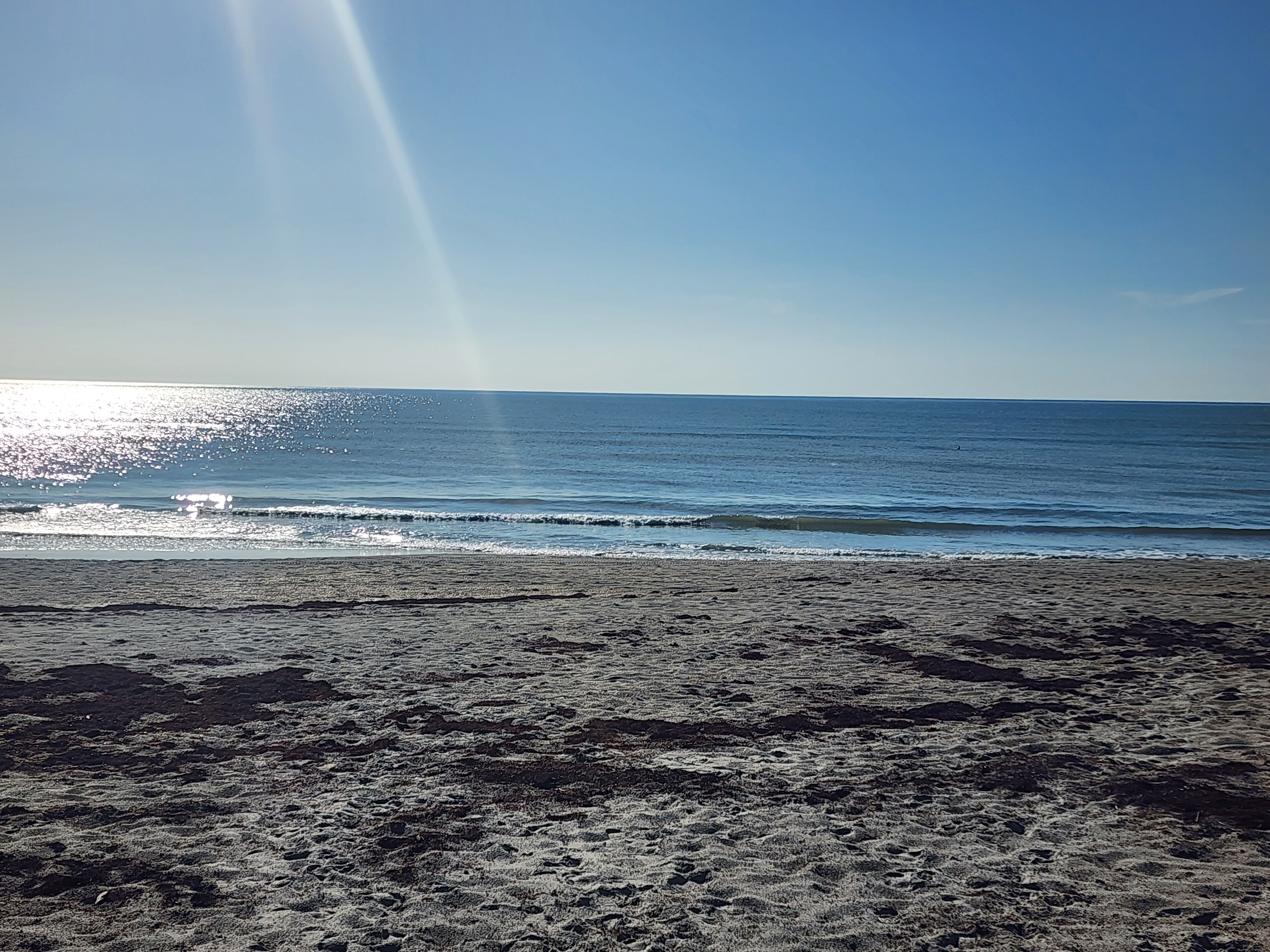 Morning sun glittering across the water with a gentle wave breaking, a wide expanse of sand and a dark wrack line in the foreground