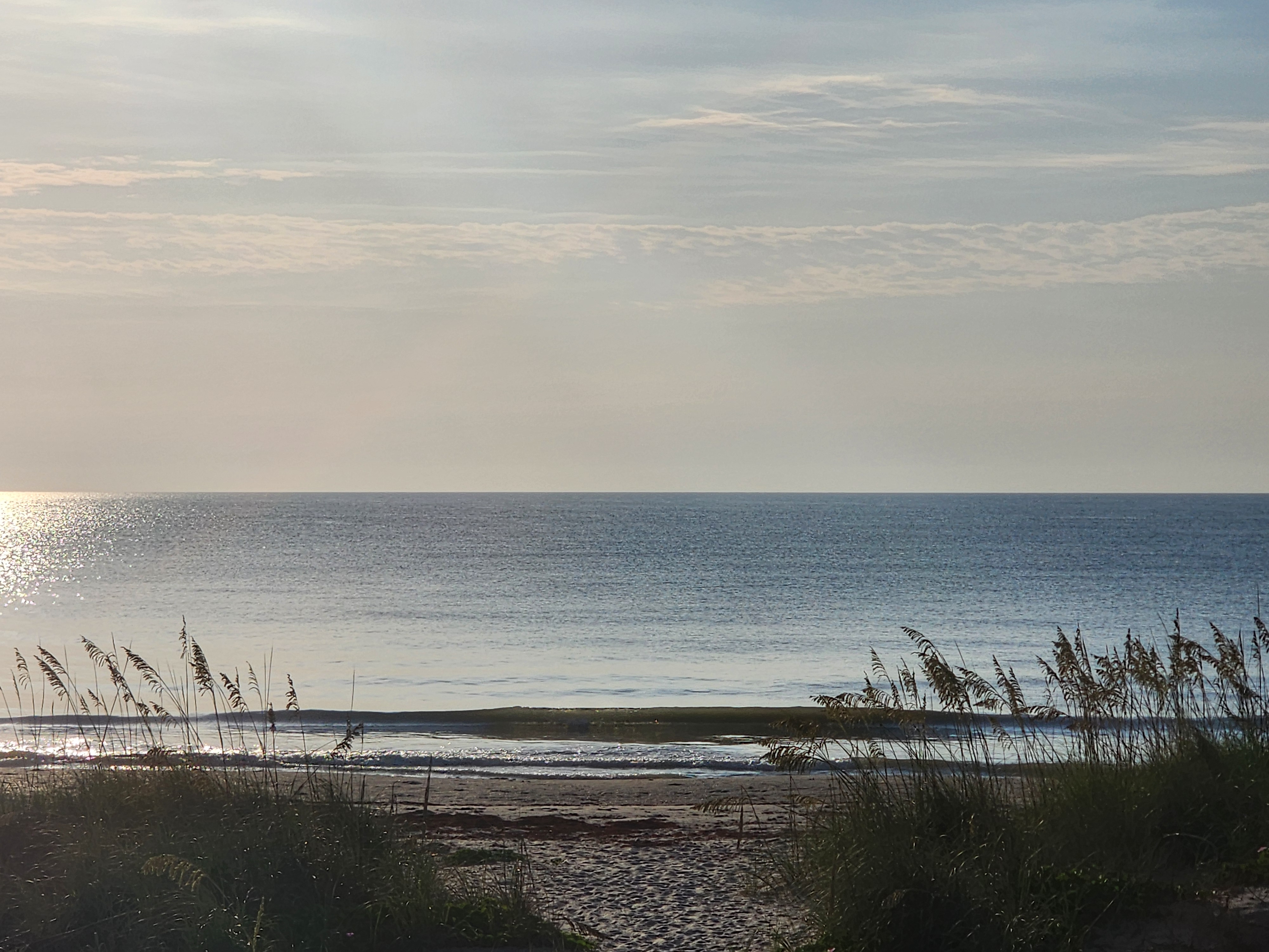 Soft hazy morning light over a glassy ocean with a small wave breaking nearshore, sea oats framing a sandy beach access