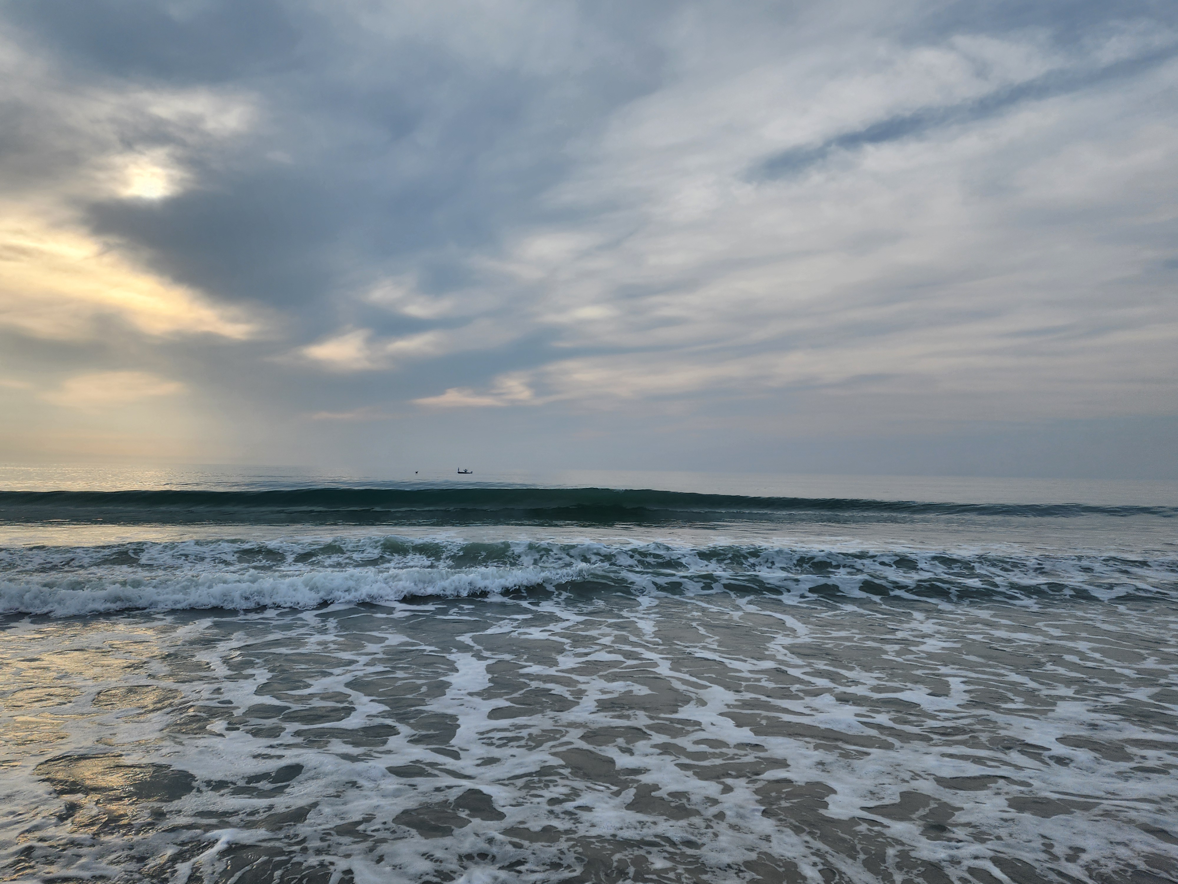 Calm glassy ocean at dawn with a small wave breaking on the sand, seen down the dune path between stands of sea oats with morning-glory blooms in the foreground.