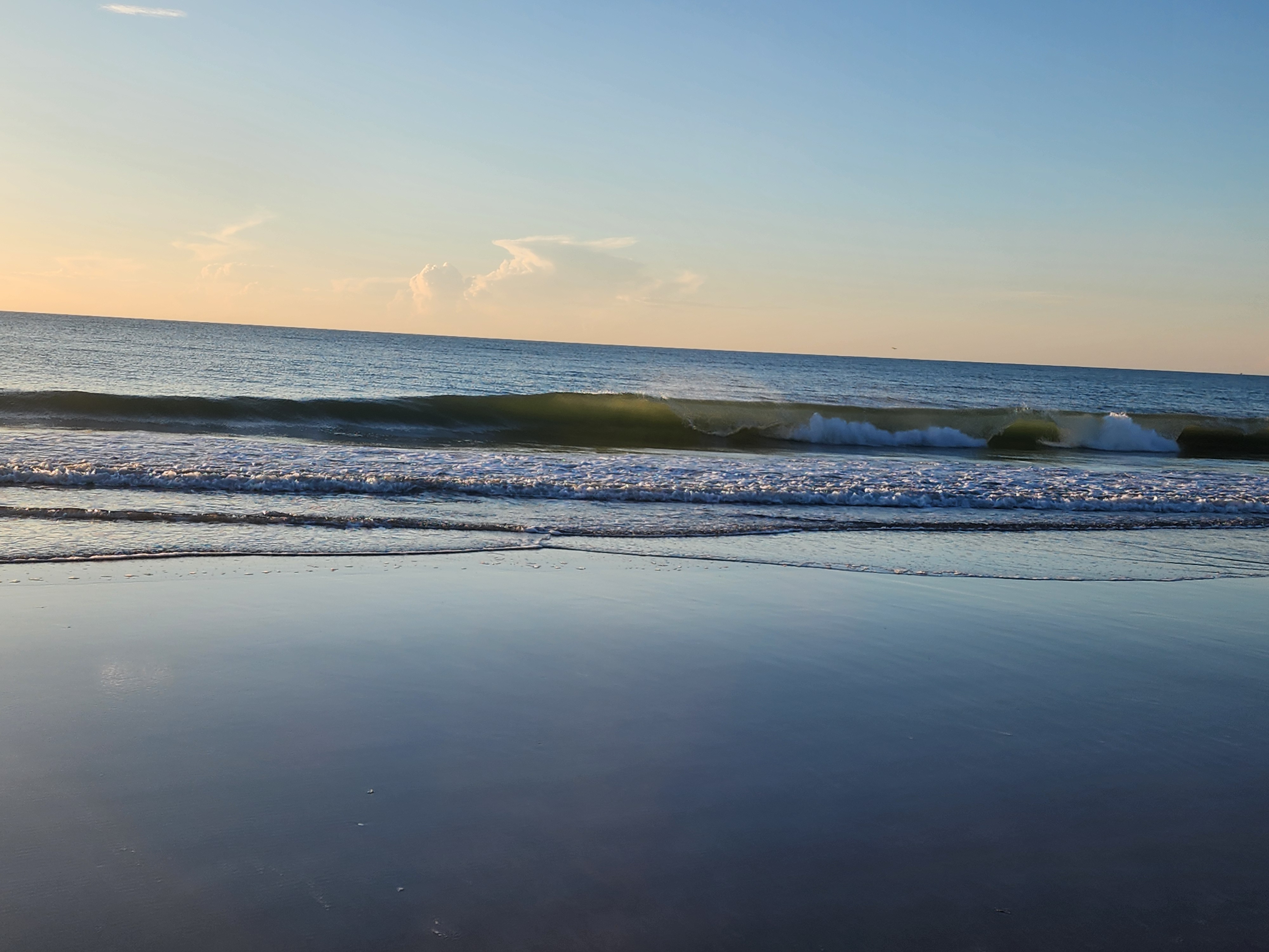 Small clean wave breaking on the shoreline with reflections on the wet low-tide sand