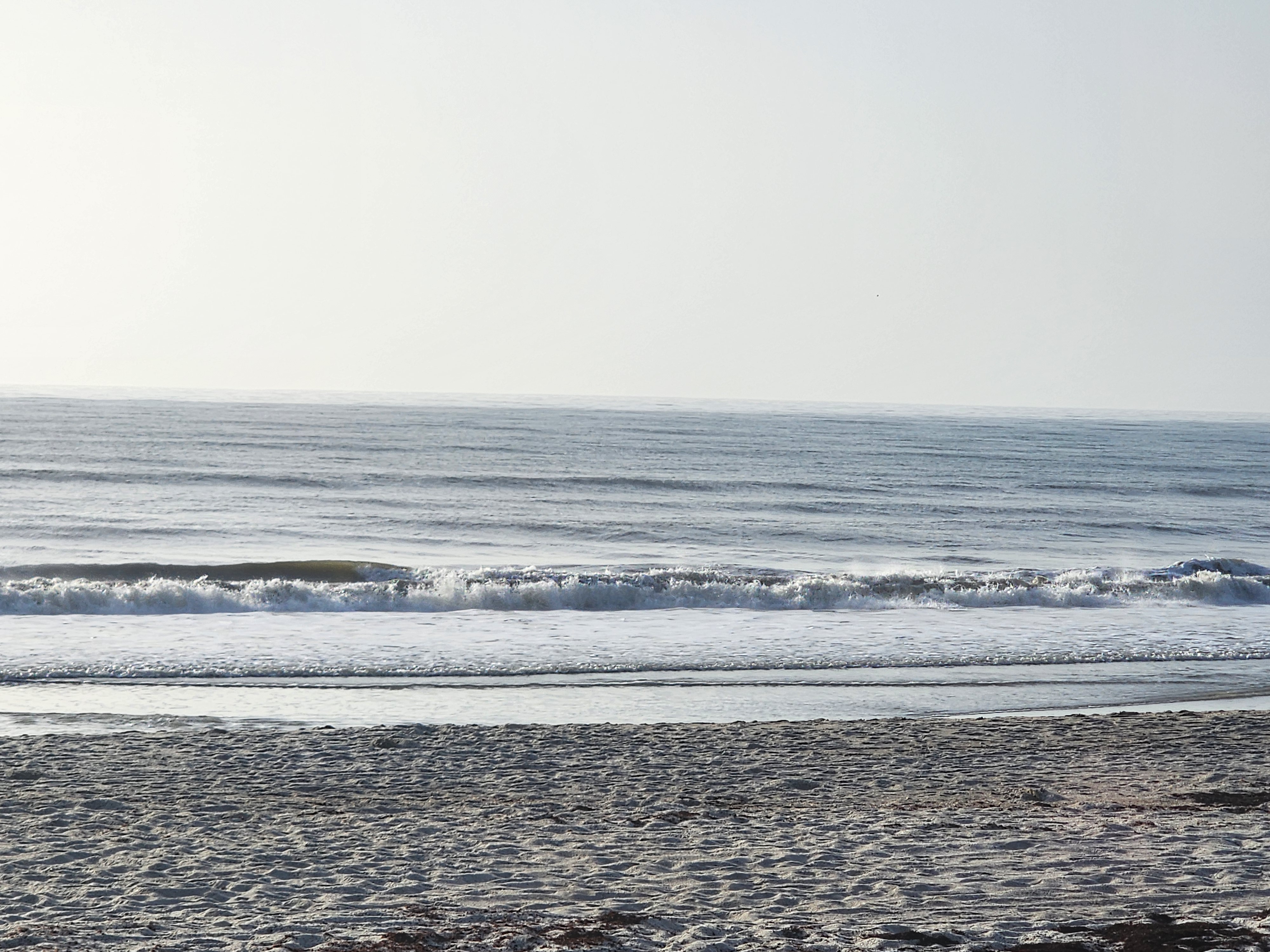 Foamy close-out wave rolling onto wet sand at low tide, South Cocoa Beach, July 2026