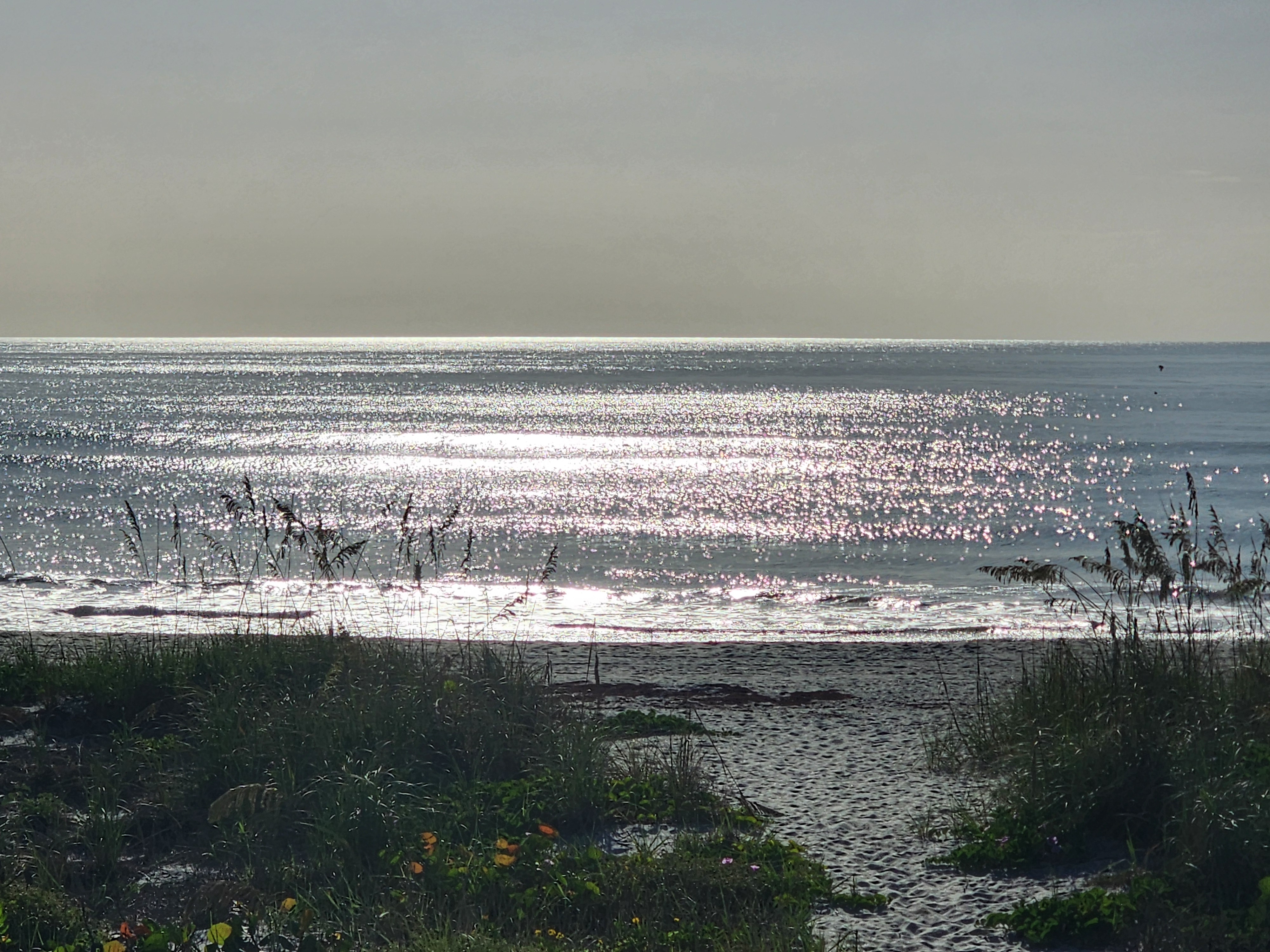 Sun-sparkled ocean surface with small waves breaking near shore, South Cocoa Beach, July 2026