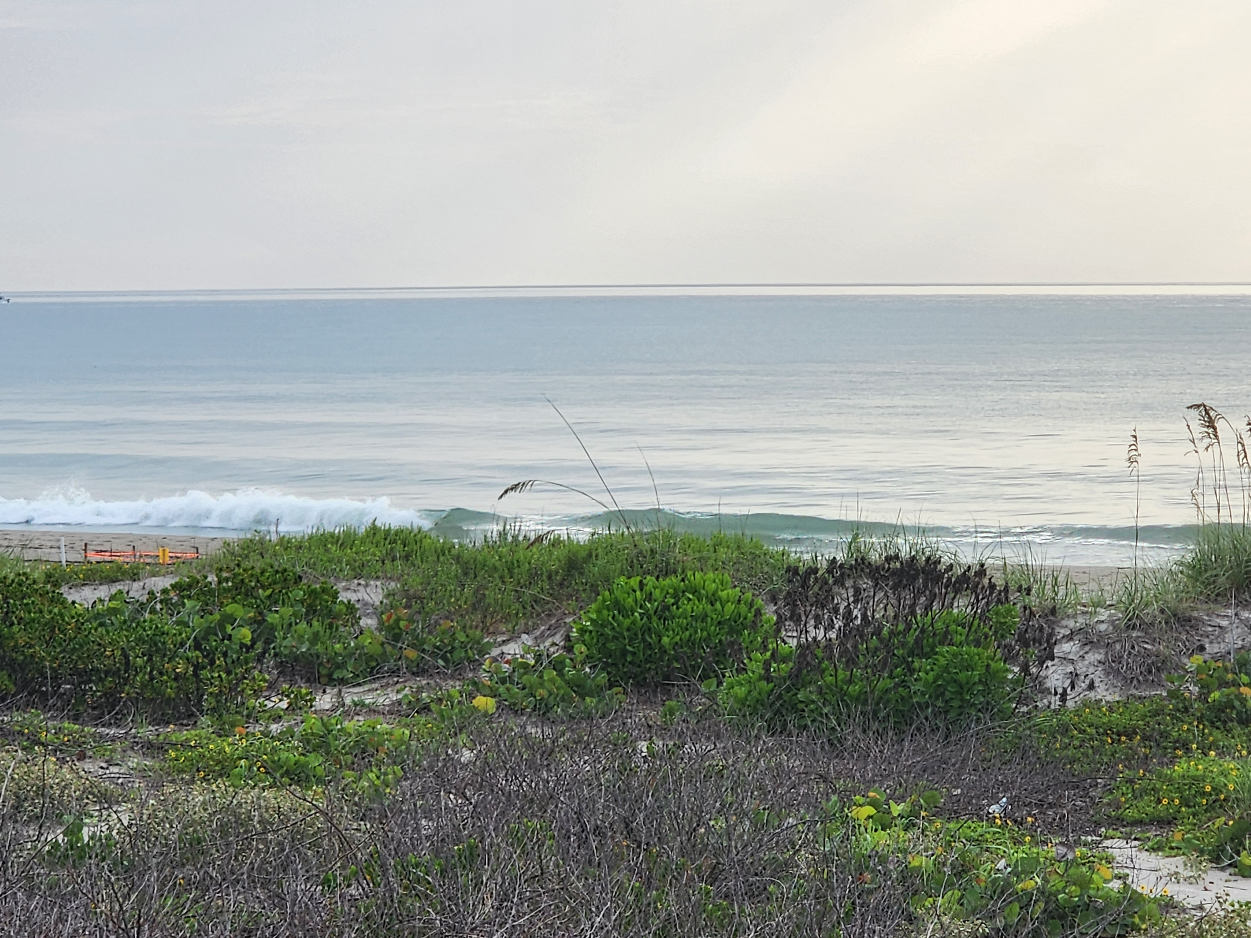 Calm, flat ocean with a small wave breaking near shore under hazy sky, South Cocoa Beach, July 2026