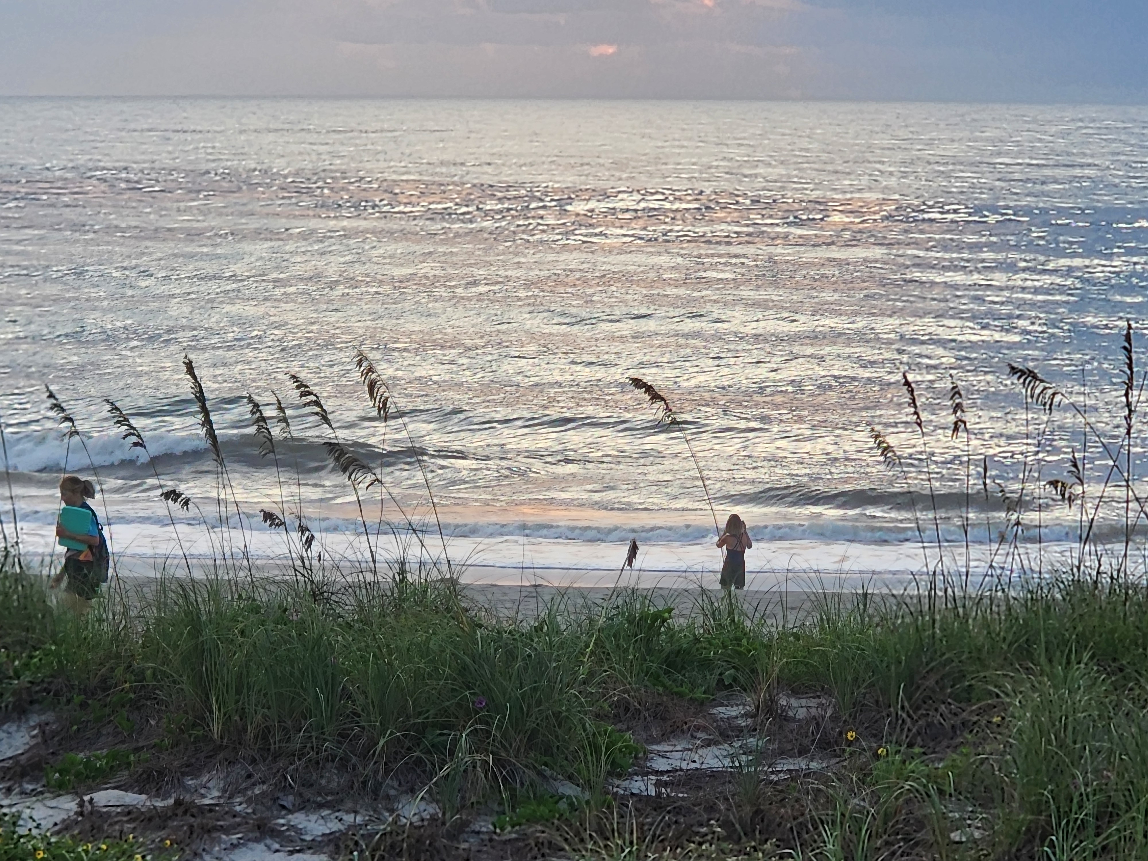Two kids at the waterline in the early morning haze, one carrying a teal boogie board, small shorebreak rolling in behind them with sea oats framing the foreground
