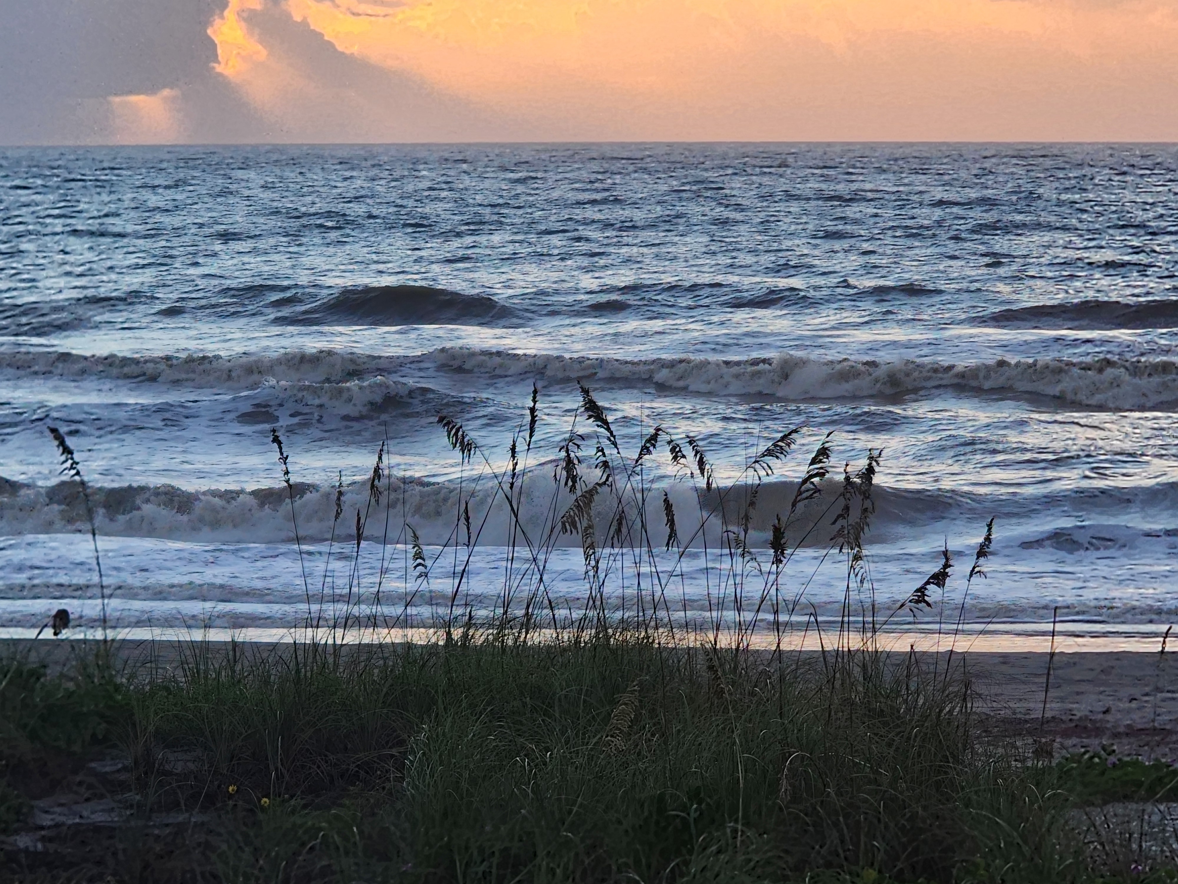 Chest-high wave standing up and breaking through a screen of sea oats at dawn, orange sunrise light spilling out from behind a dark cloud bank over South Cocoa Beach