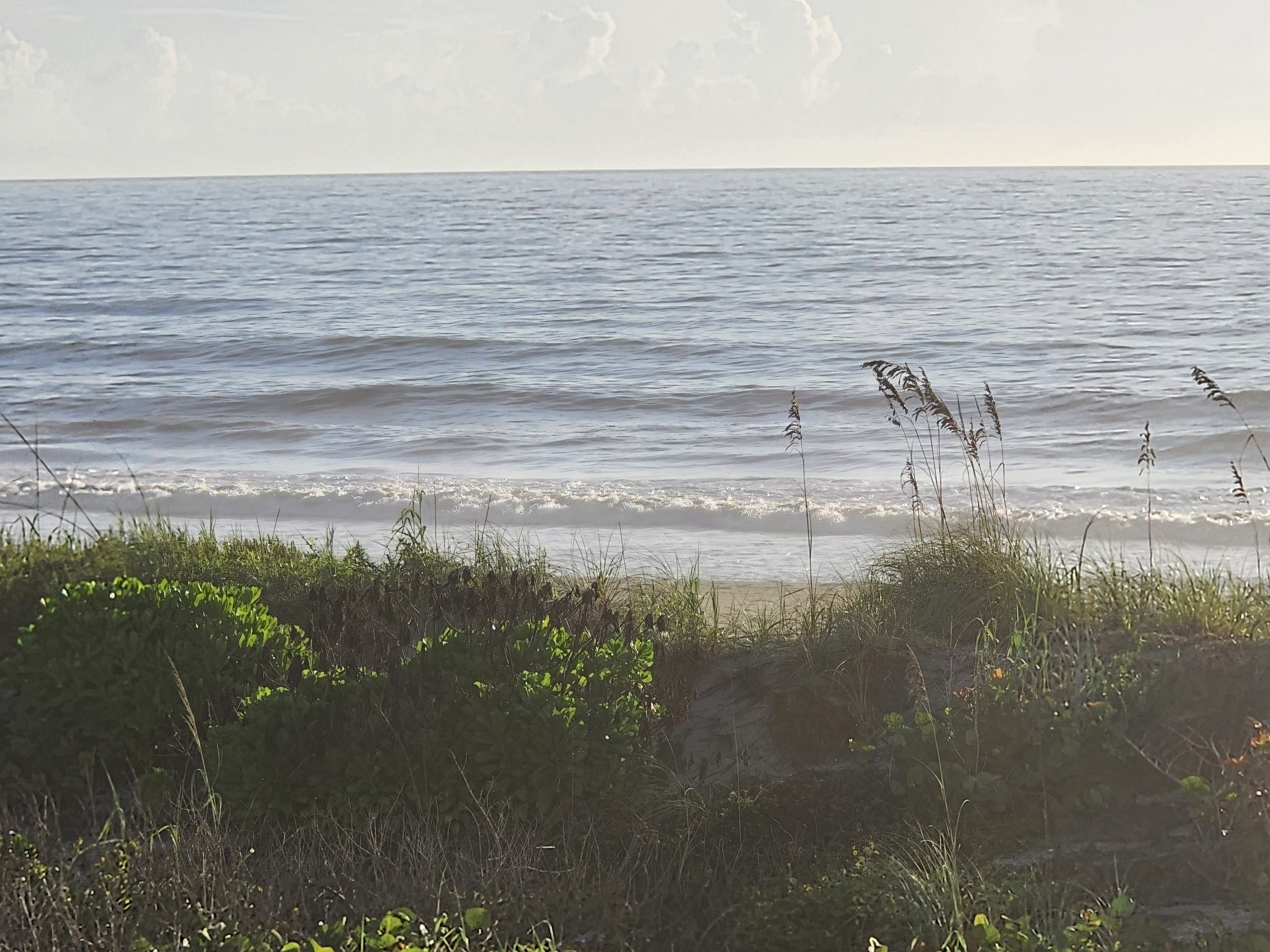 Lines of small east swell stacking up outside the dune line at South Cocoa Beach on incoming high tide