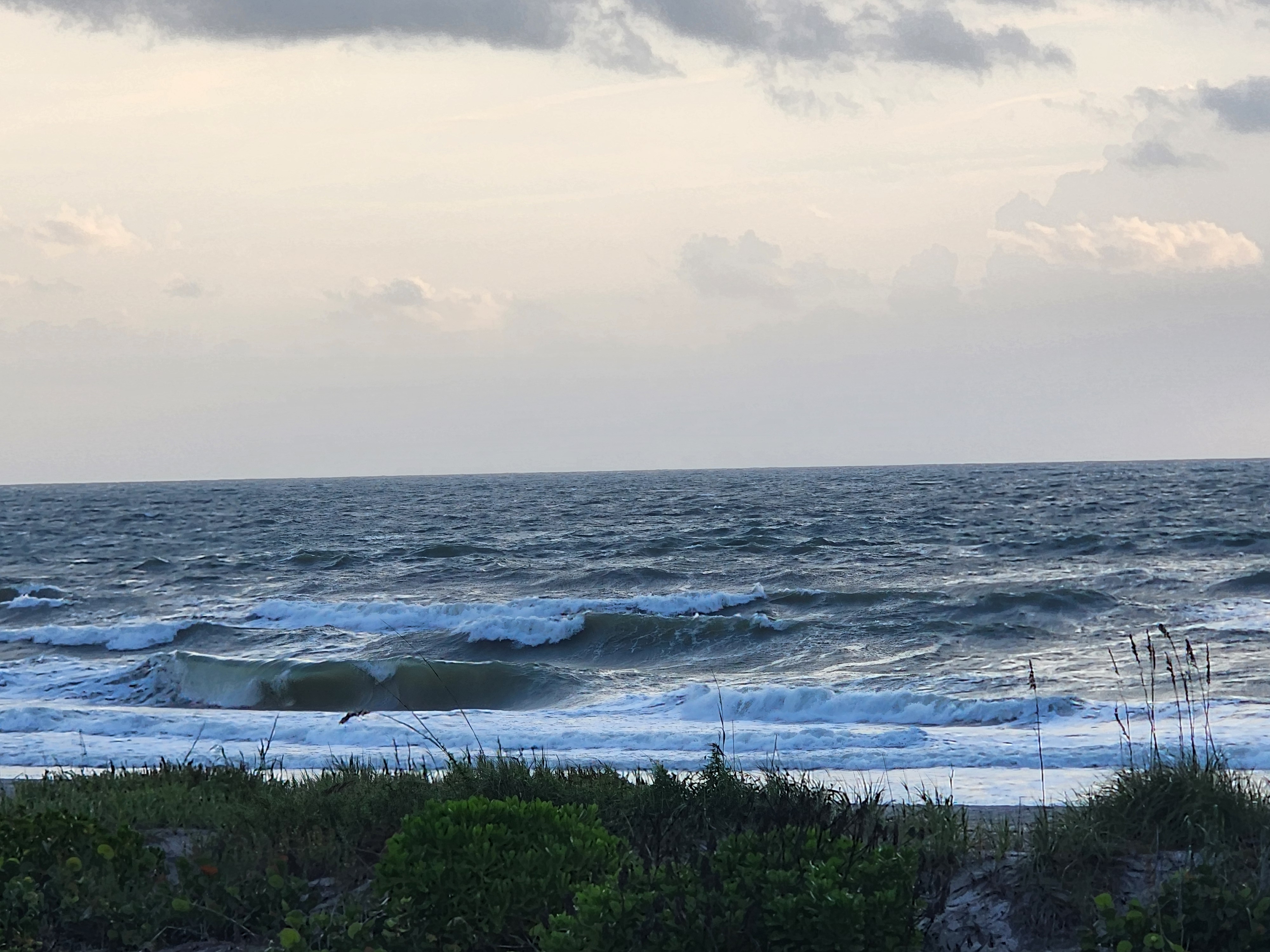 Dark green lip peeling on the shorebreak under a hazy sky, stacked whitewater and sea grapes in the foreground at Cocoa Beach