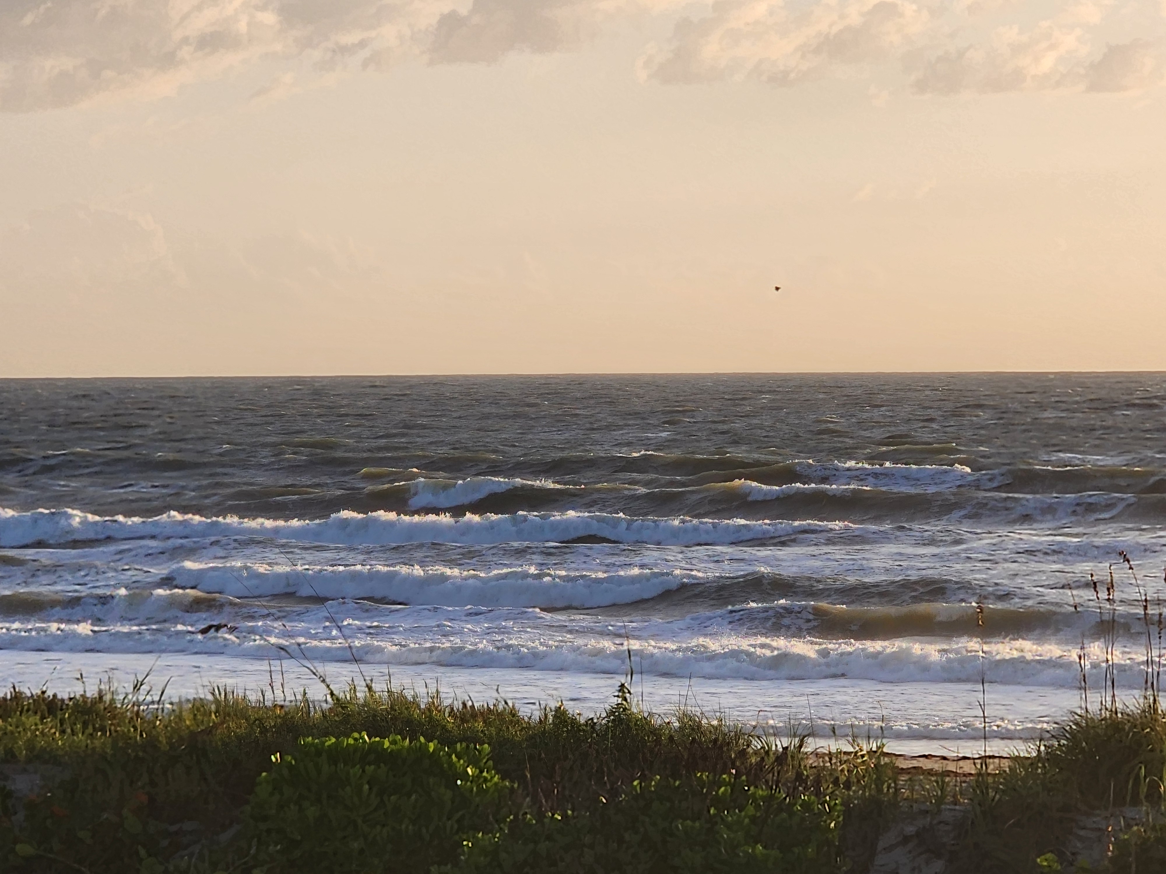Multiple lines of blown-out whitewater rolling toward shore under a hazy peach sky at Cocoa Beach, a lone bird overhead