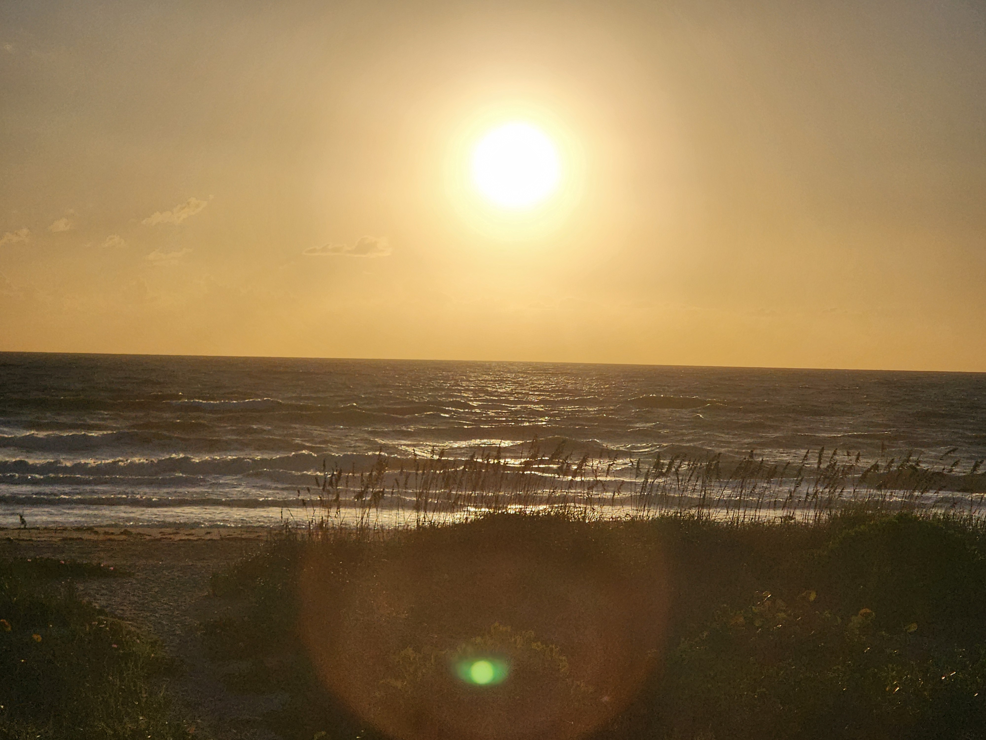 Bright sun rising over glittering, wind-chopped ocean at Cocoa Beach, sea oats silhouetted on the dune with a lens flare in the foreground