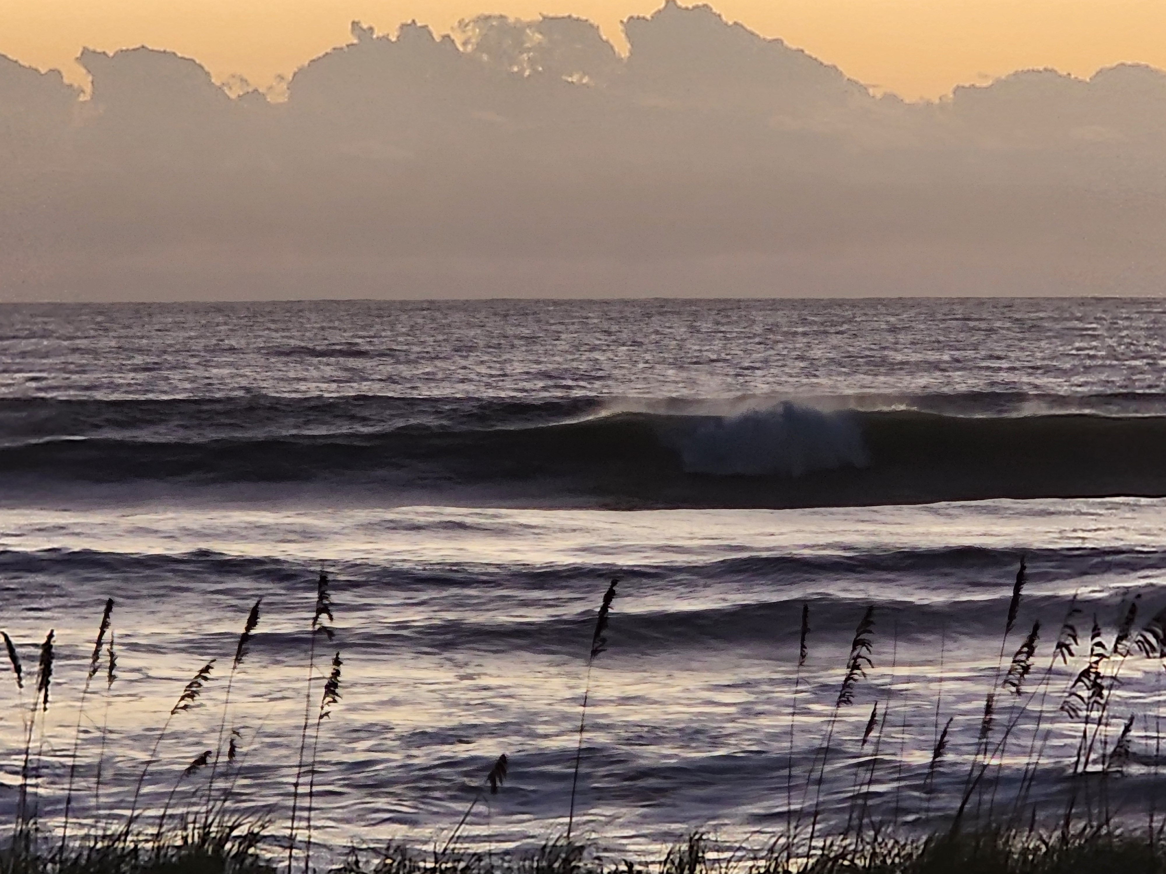 A thick wave throwing spray off the lip as it breaks on the outside, a band of clouds lit orange above the Atlantic and sea oats silhouetted in the foreground.