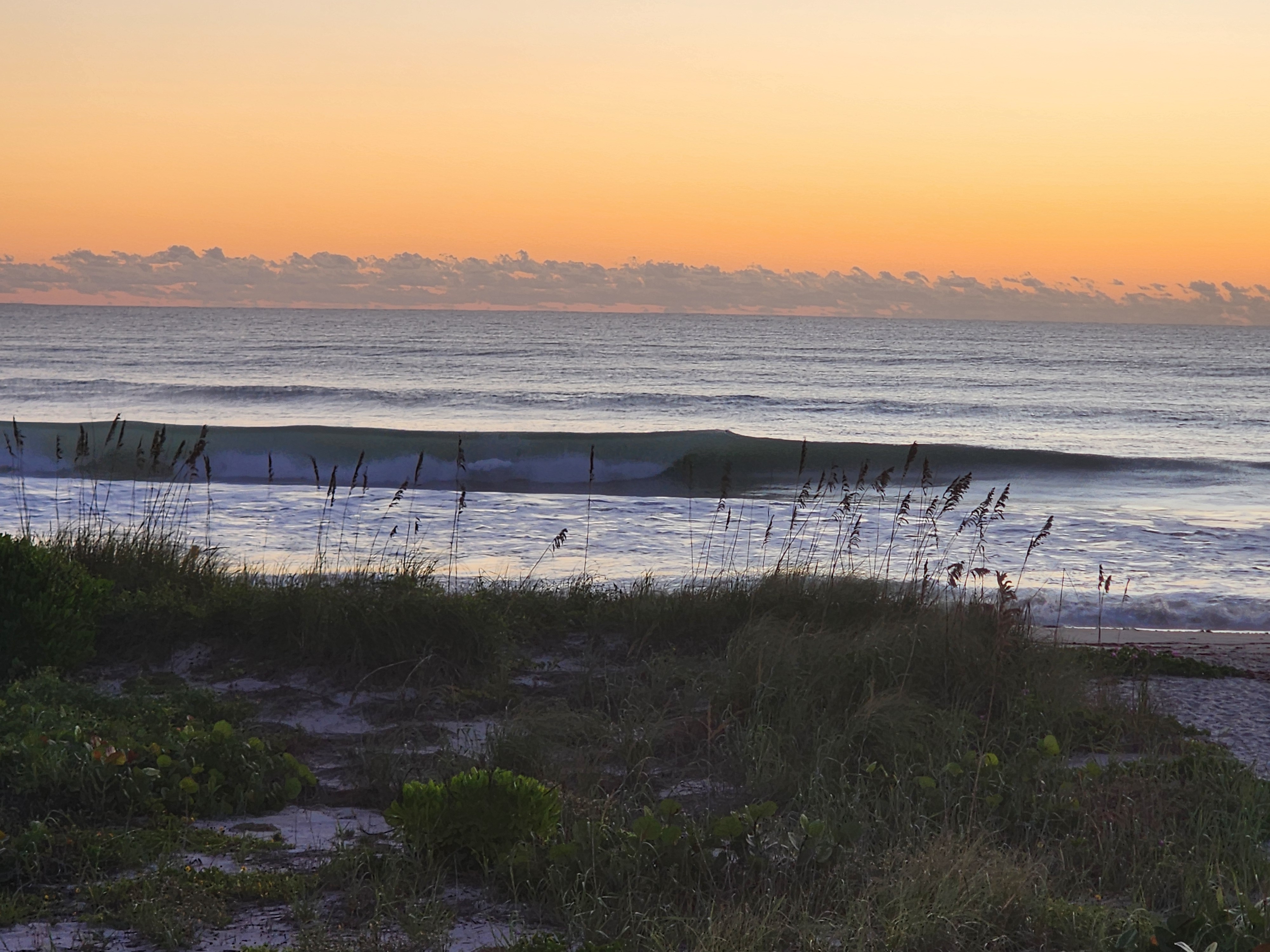 A wave feathering and closing out across the inside bar at high tide, sea oats and sea grapes silhouetted on the 32nd Street dune beneath a glowing orange sunrise sky.