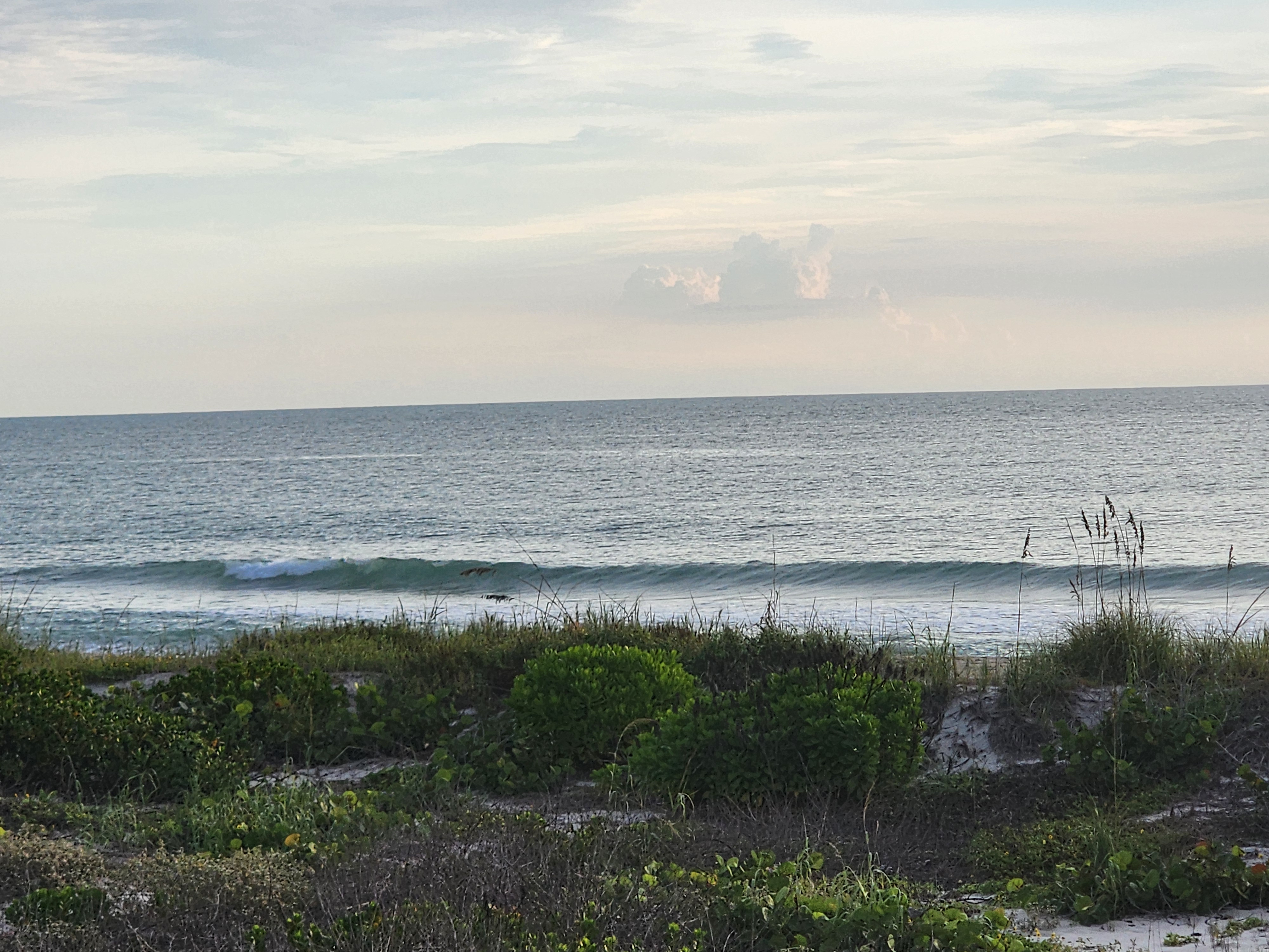 A long, clean lined-up swell rolling in beneath a hazy sky with a lone cloud tower offshore