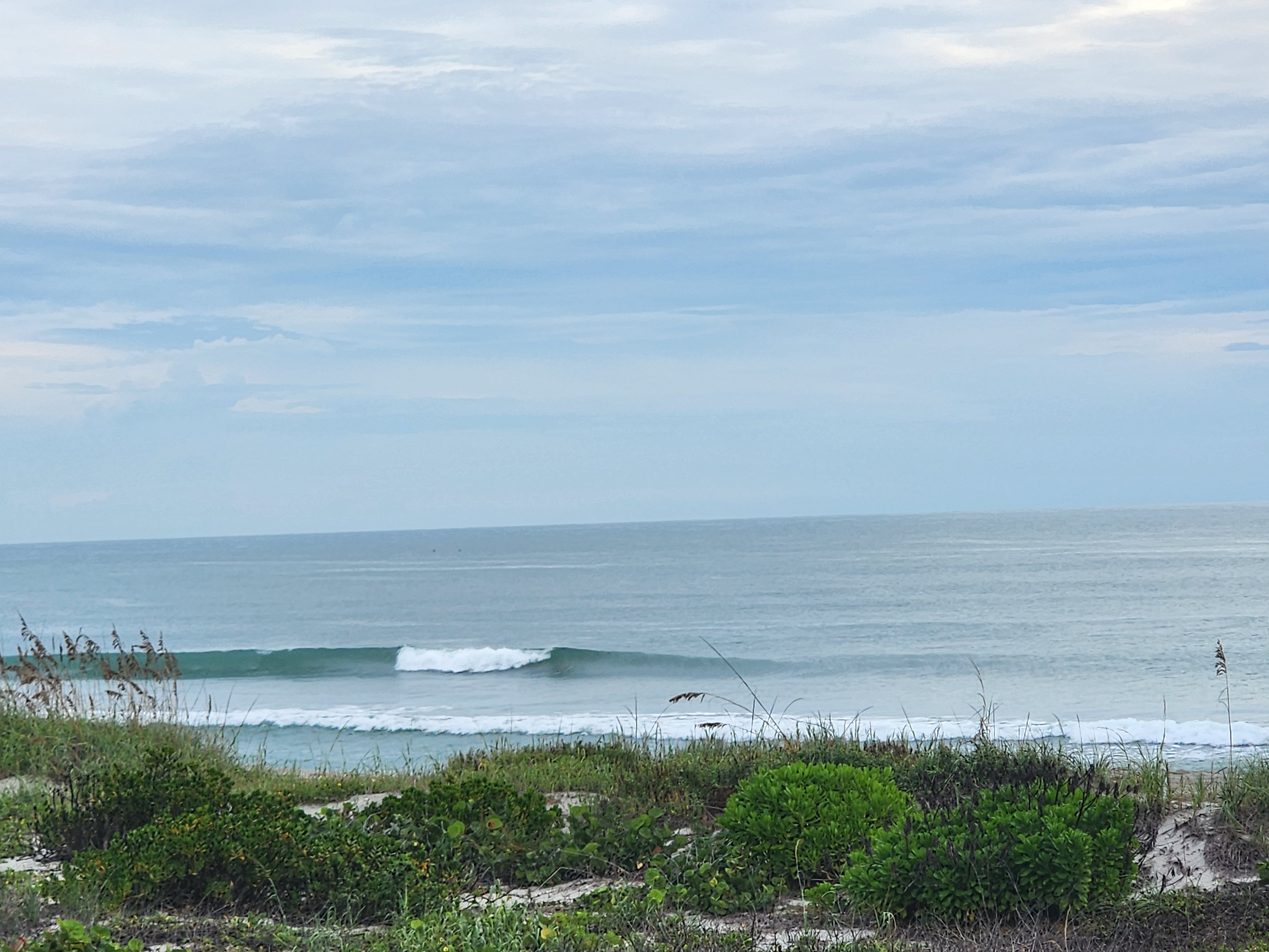 A single wave spilling white on the outer bar with a second line of whitewater rolling toward shore, green dune scrub below and layered gray clouds above.