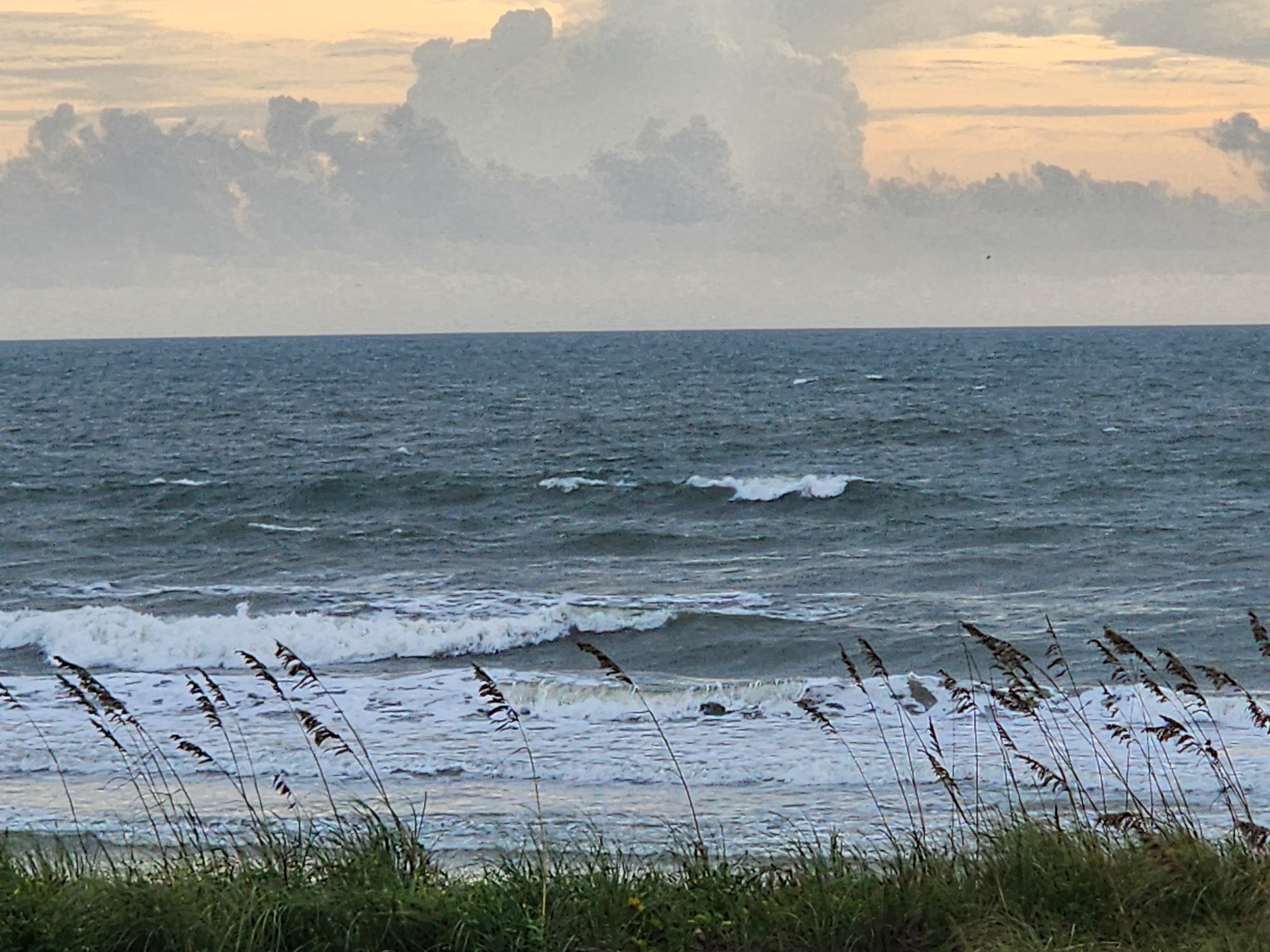 Sloppy, wind-chopped surf with scattered whitecaps and a crumbling wave in the shorebreak, sea oats silhouetted in the foreground beneath a building storm cloud