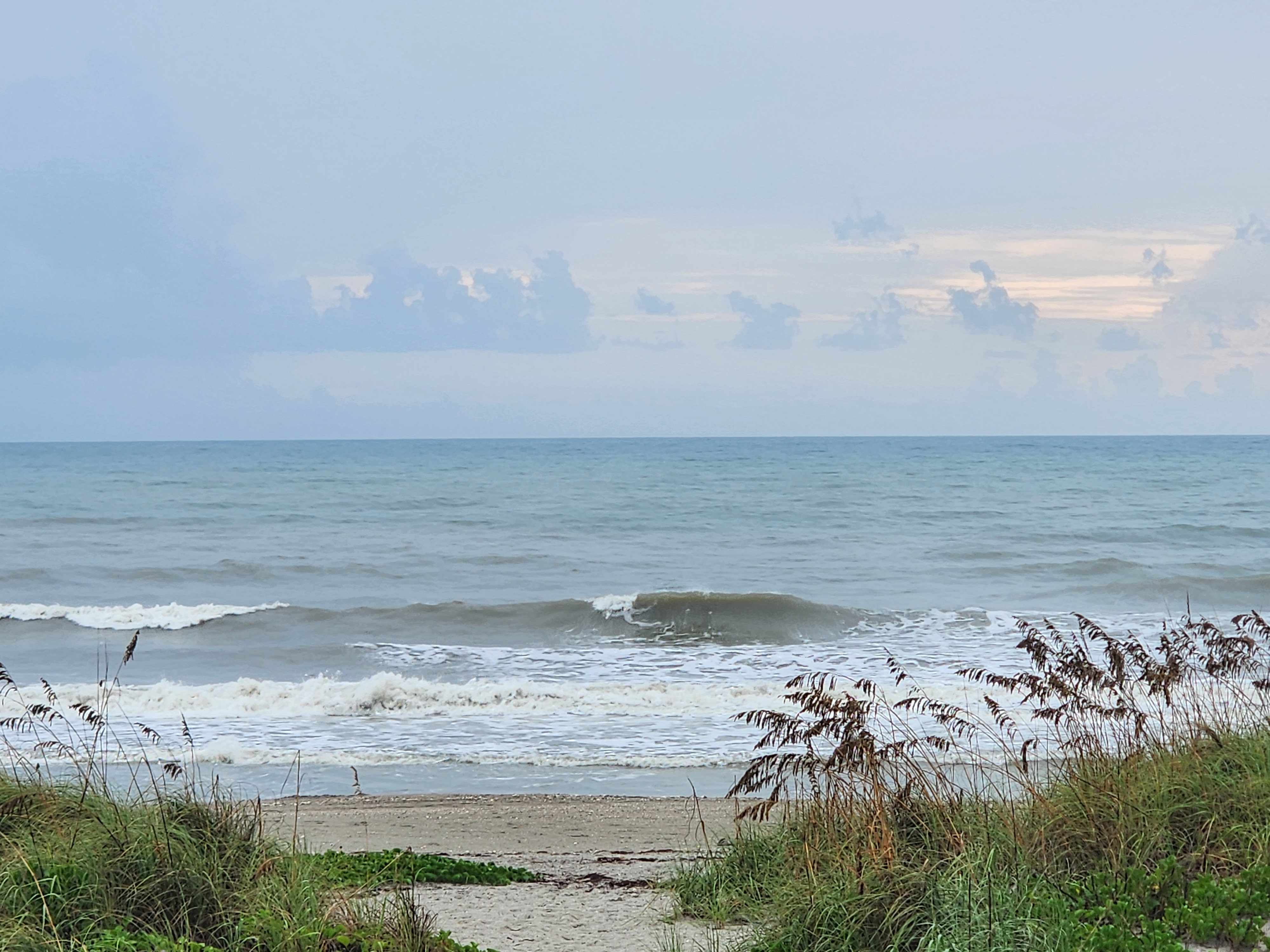 A wave pitching on the shallow bar with whitewater rolling toward the beach through the sea oats