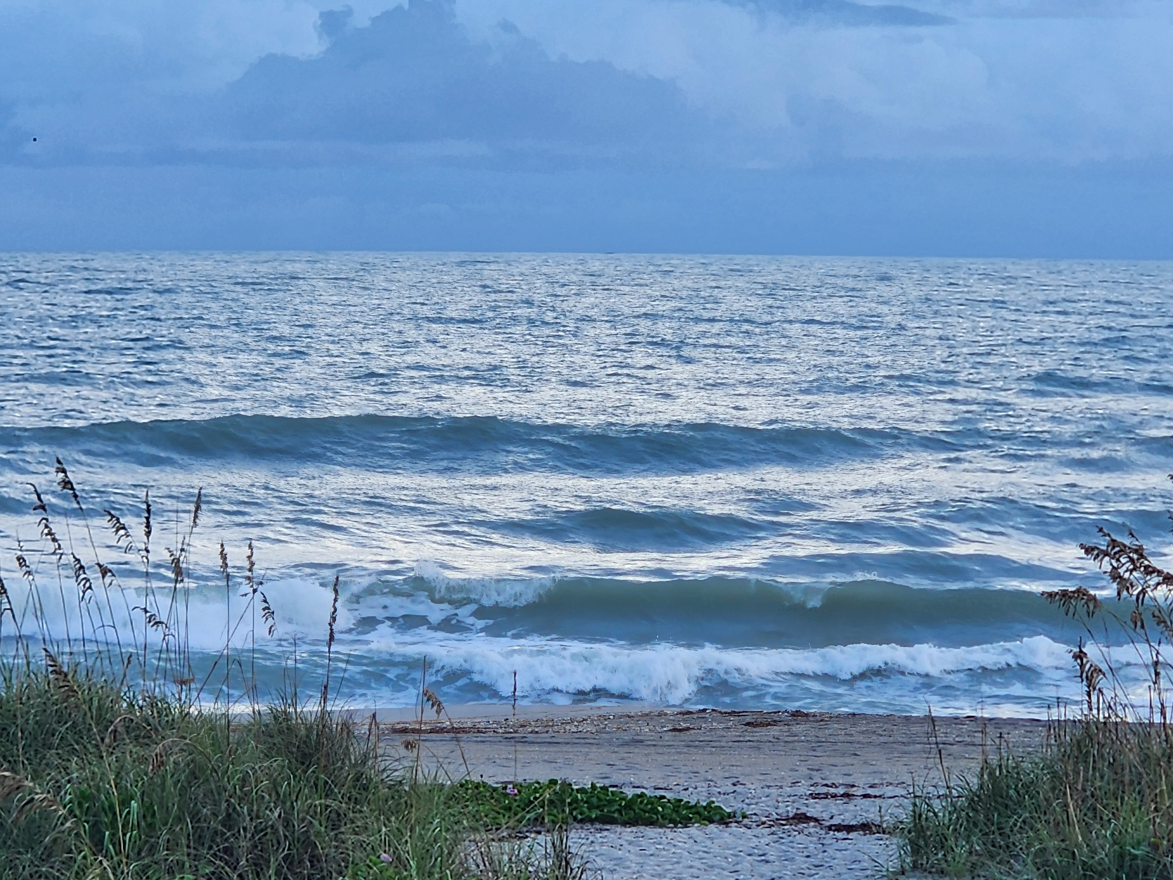 A wide view of stacked swell lines rolling toward an empty, shell-strewn beach, framed by sea oats and dune grass with dark storm clouds building over the horizon