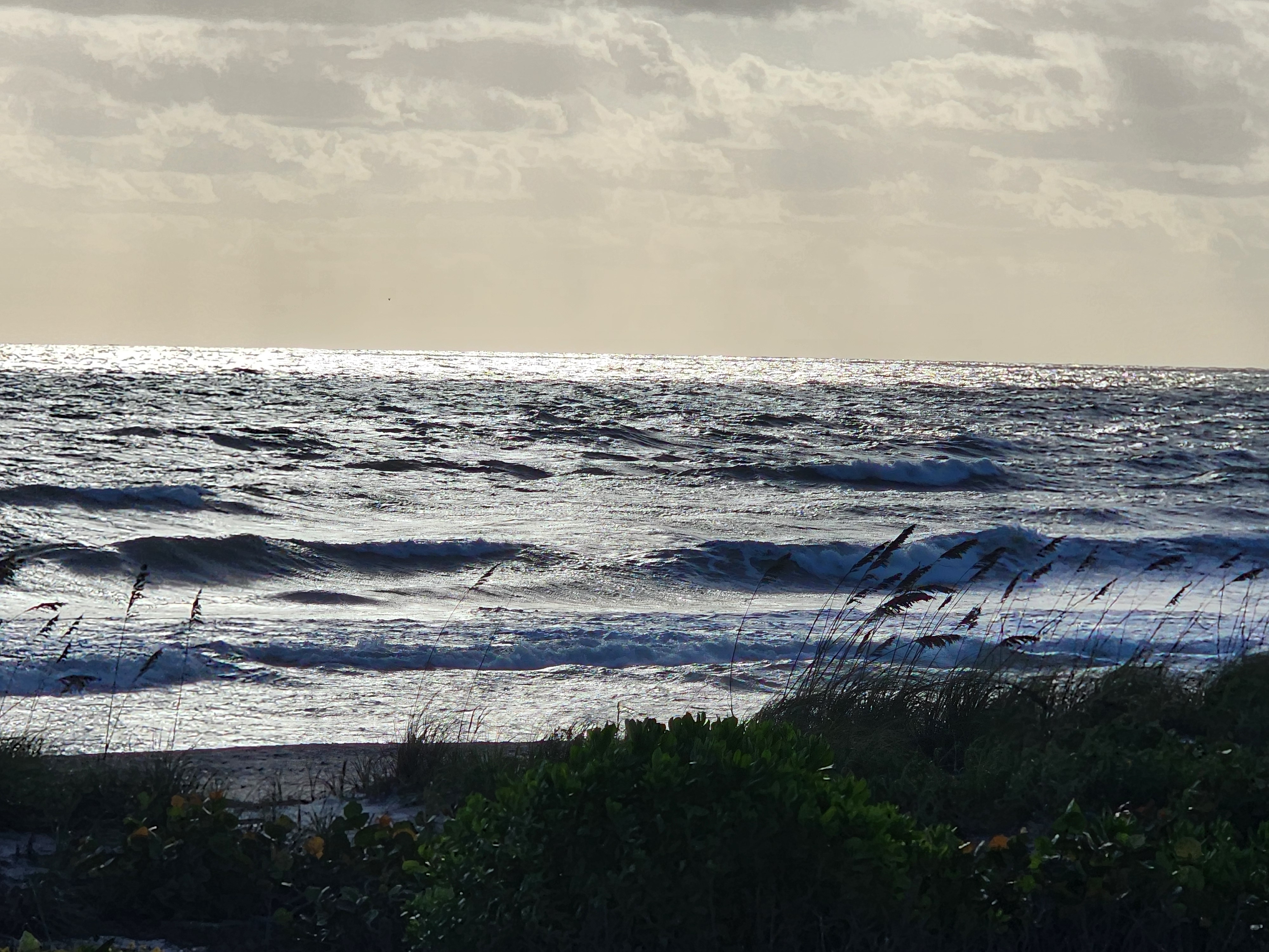Backlit, sun-glinted ocean surface covered in wind chop with disorganized waves rolling toward shore