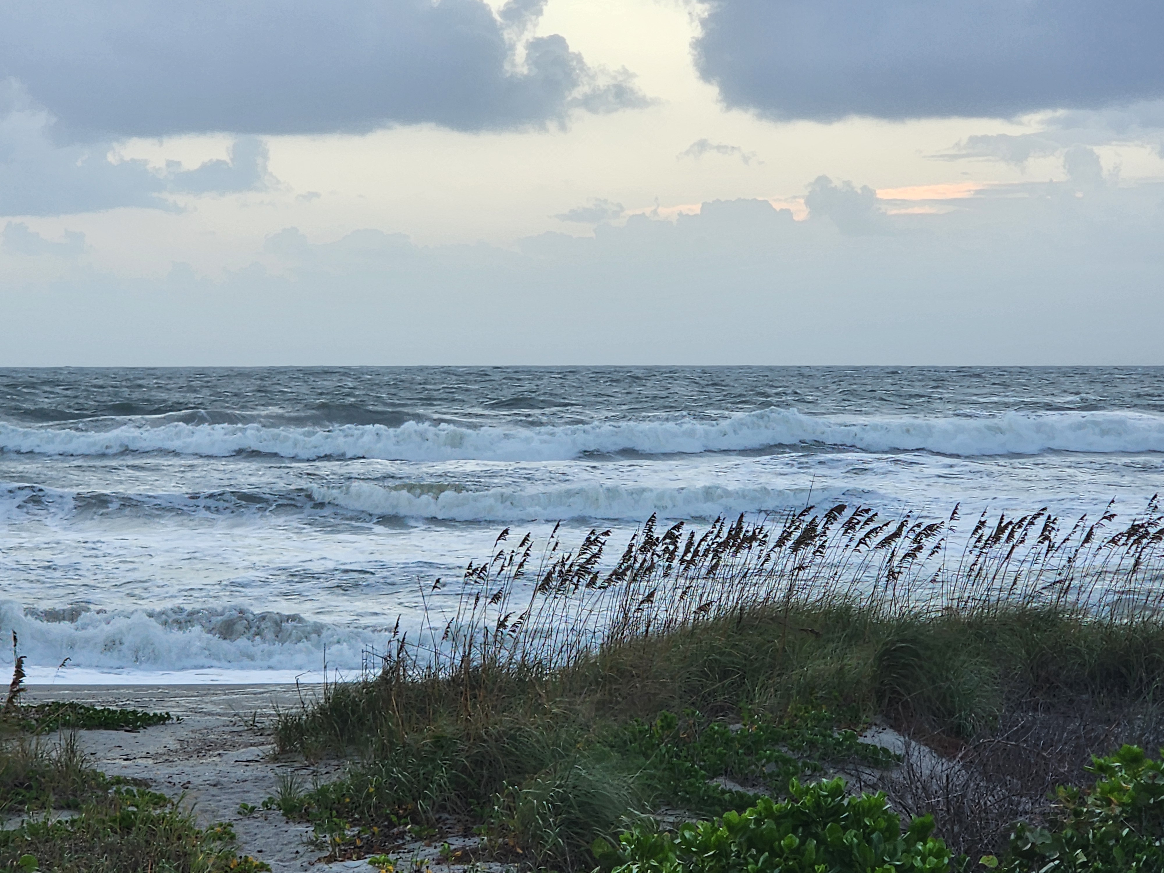 Storm-gray sky over rows of whitewater rolling through the surf zone, sea oats leaning hard in the NE wind