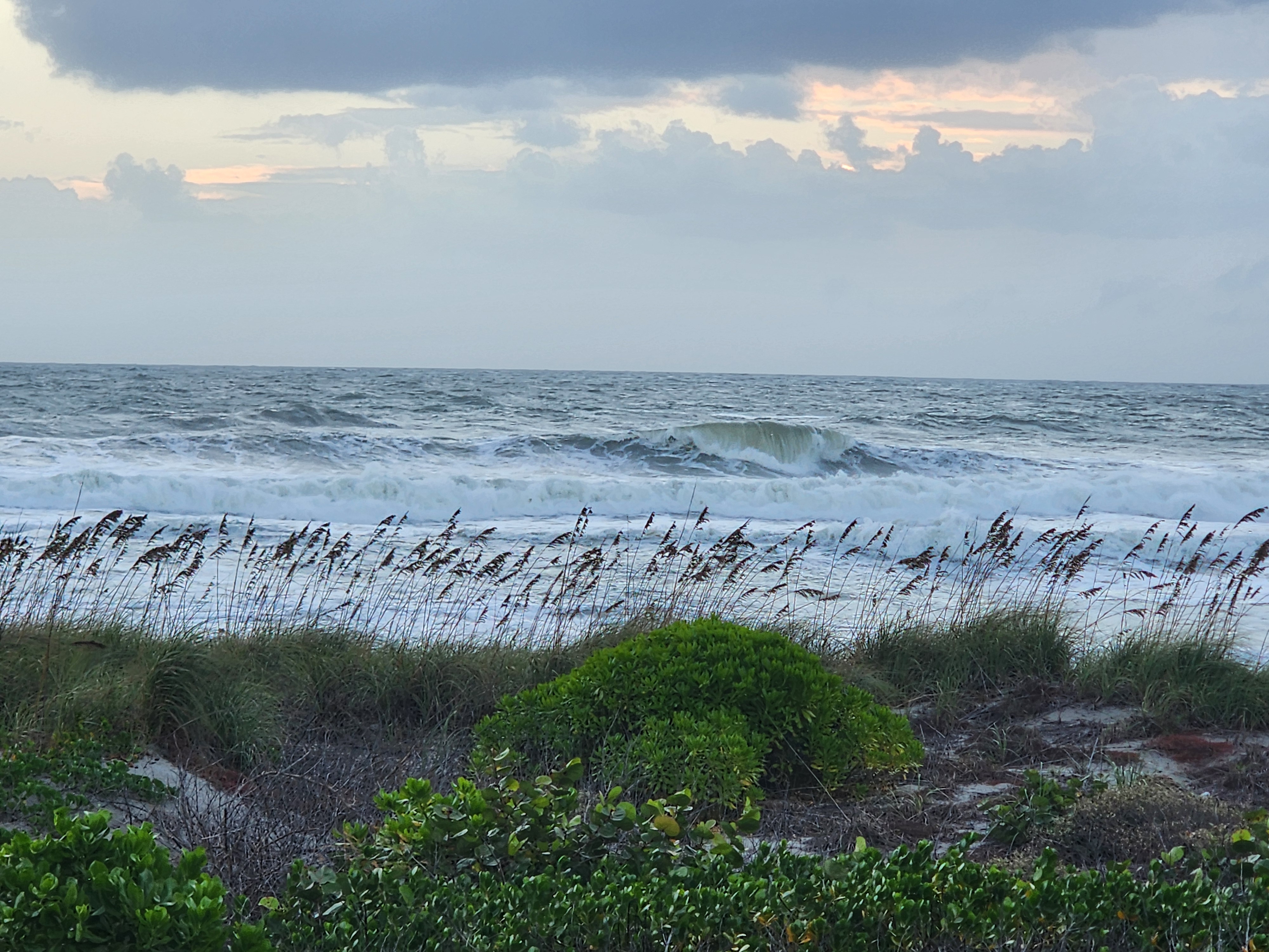 A green-lipped wave throwing over on the outer bar behind a wall of wind-blown sea oats under heavy clouds